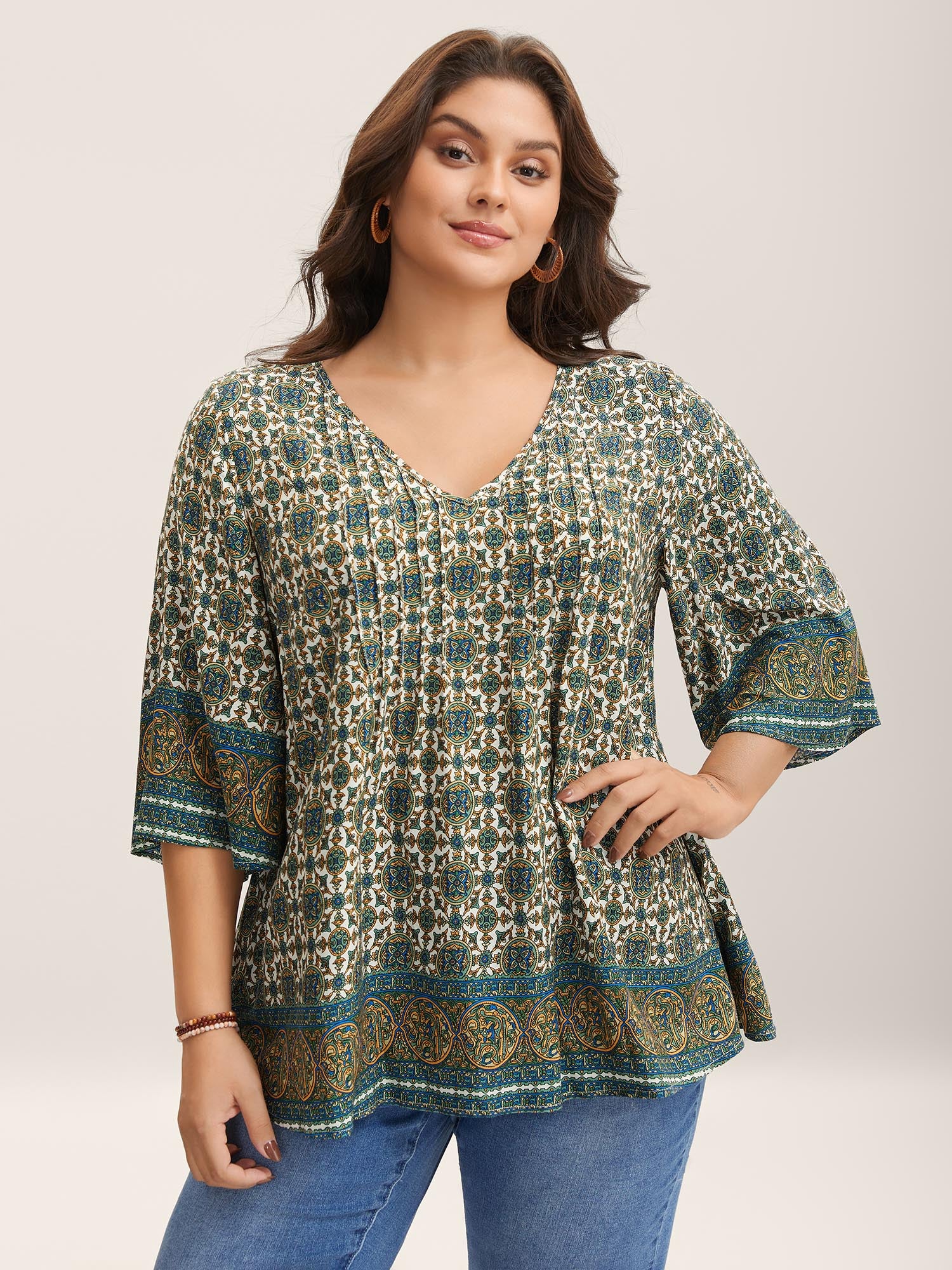 Pin-Tuck Pleat Ornate Print Relaxed Fit Shirt