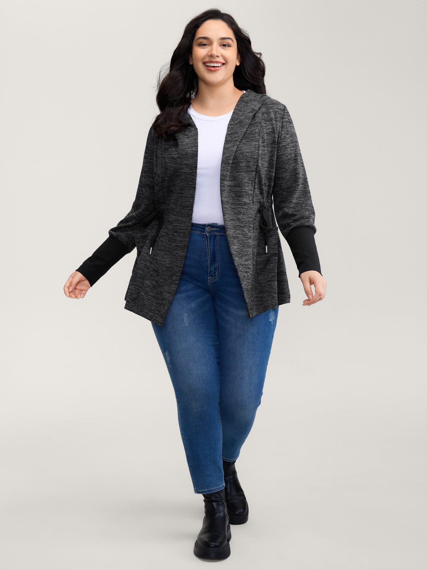 Channel Drawstring Contrast Hooded Jacket