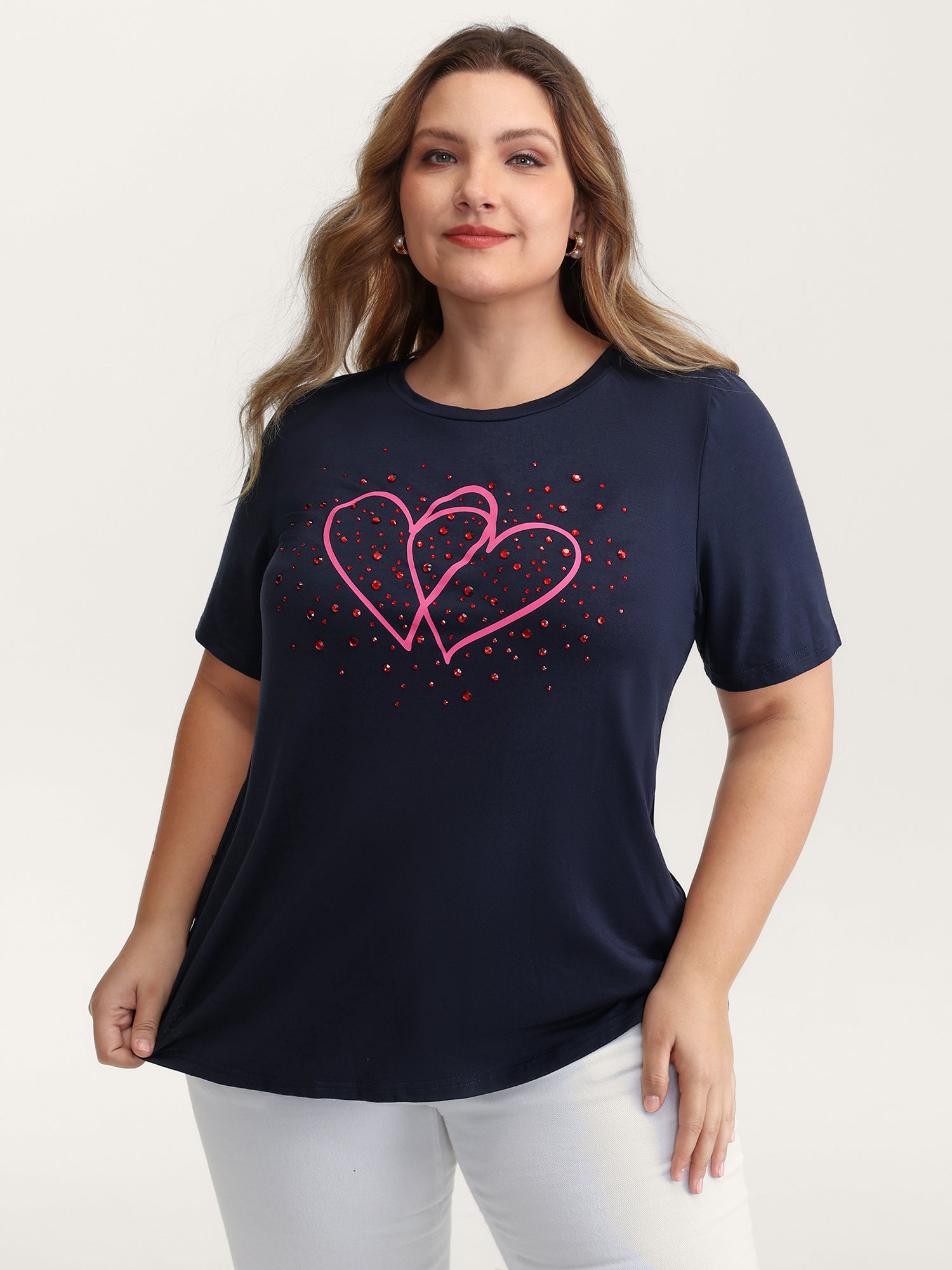 Heart Rhinestone Print Bowknot T-Shirt