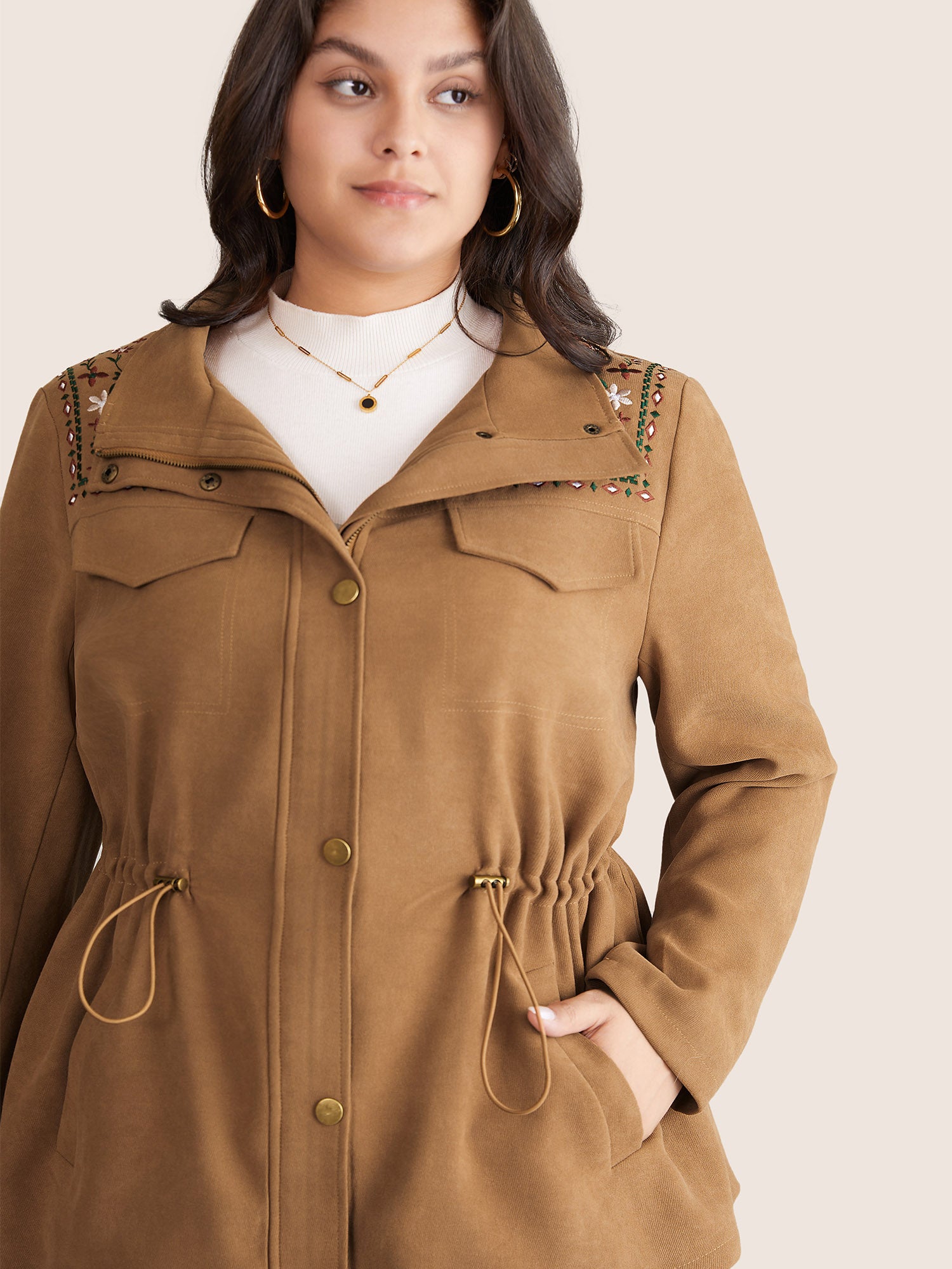 Ditsy Floral Embroidered Drawstring Pocket Jacket