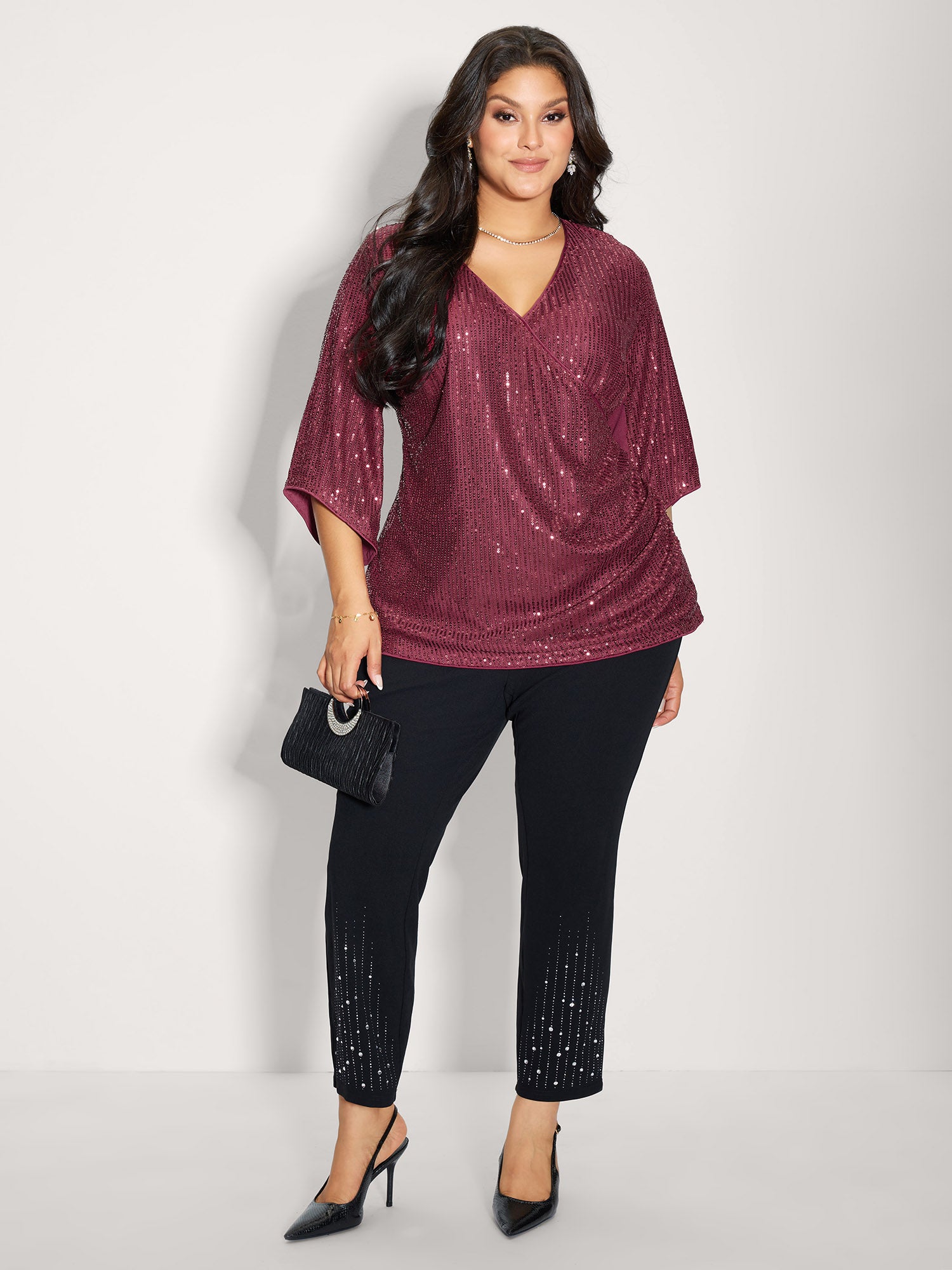 Shimmery Sequin Gathered Flared Sleeve Blouse