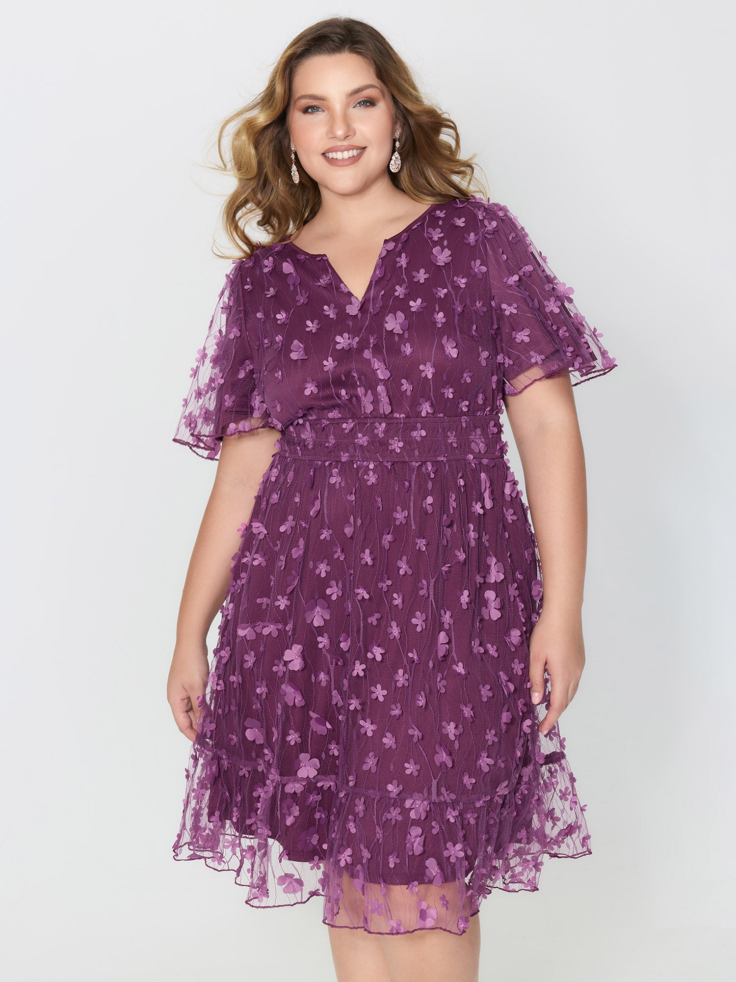 3D Floral Mesh Notched Neckline Midi Dress