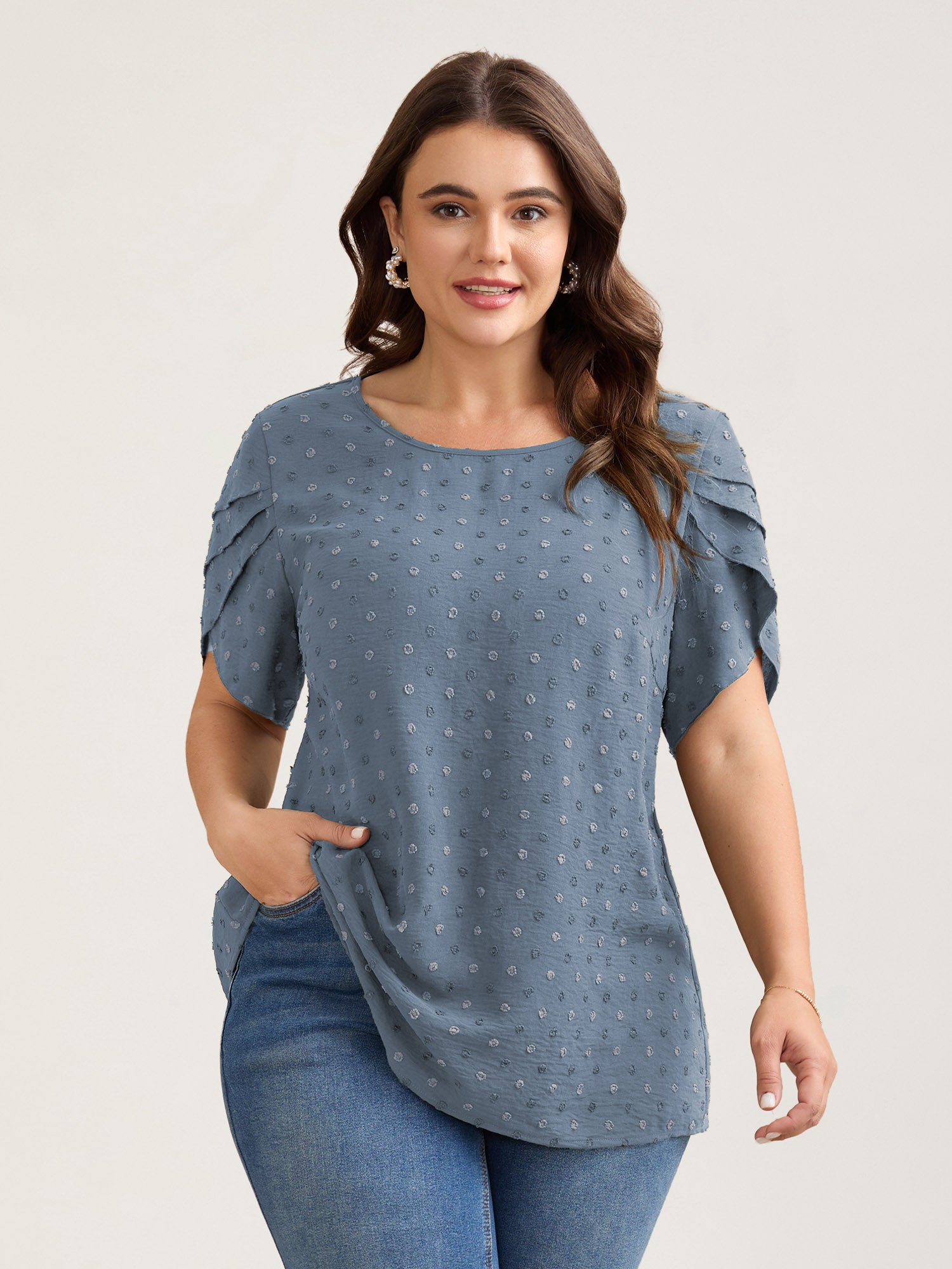 Textured Color Contrast Petal Sleeve Blouse