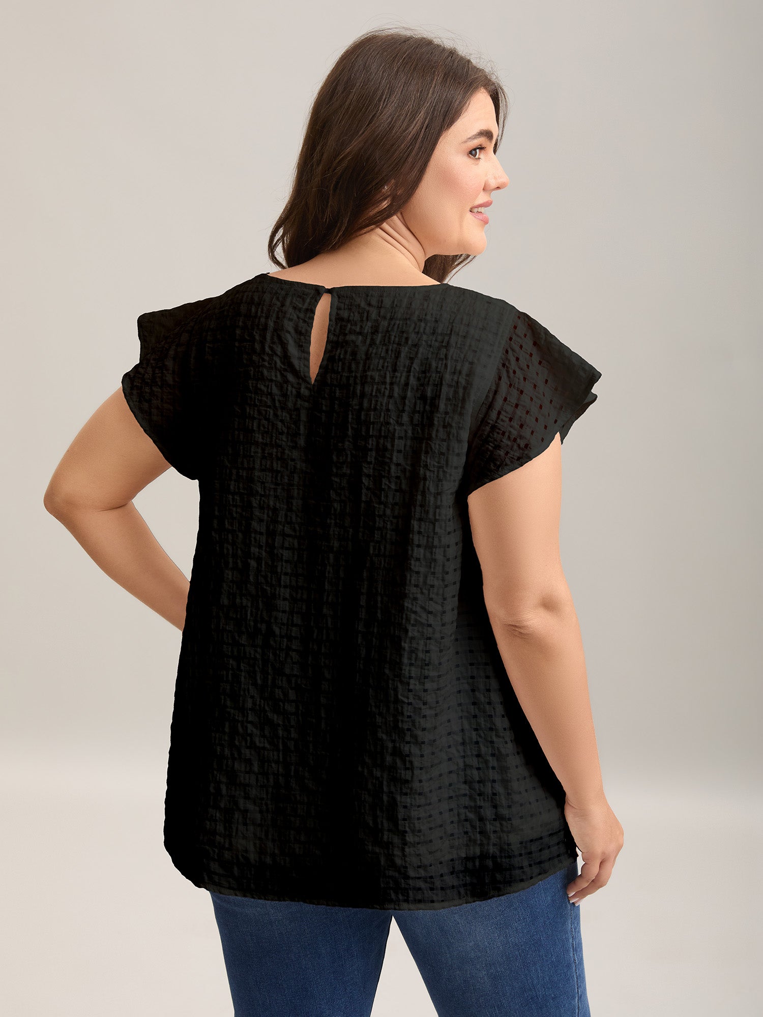 Textured Sheer Lined Flutter Sleeve Blouse