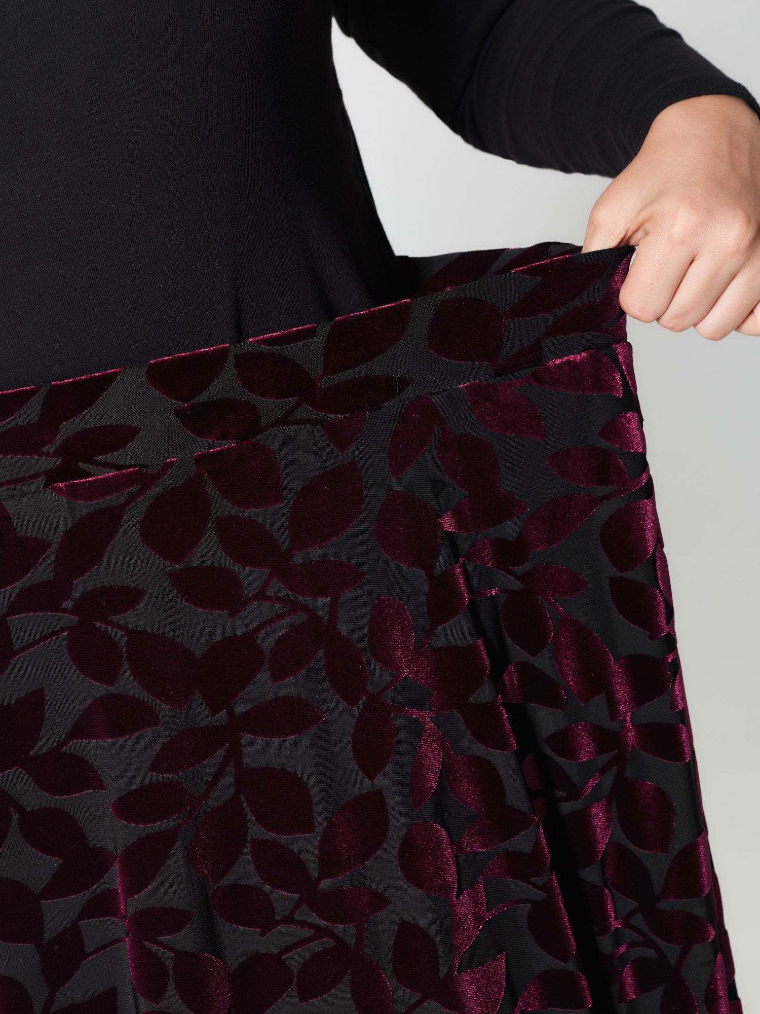 Laser-Cut Velvet Pleated Maxi Skirt