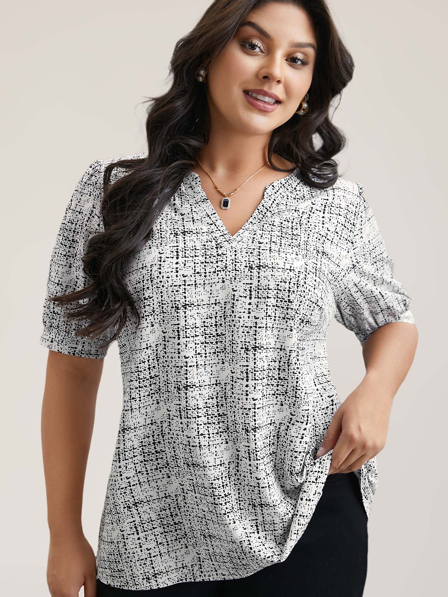 Geometric Print Puff Sleeve Blouse