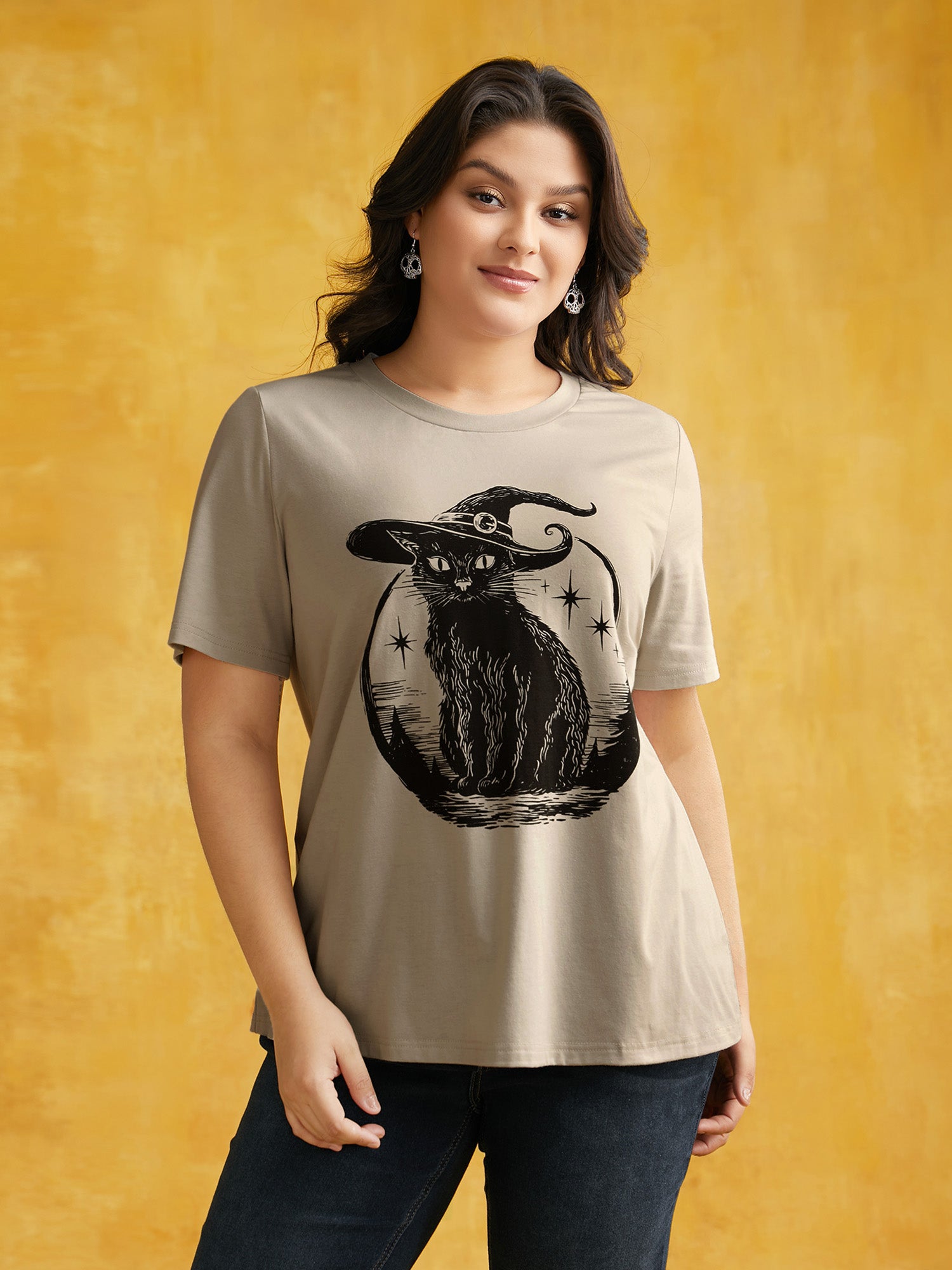 Bewitched Cat Printed Crew Neck T-shirt