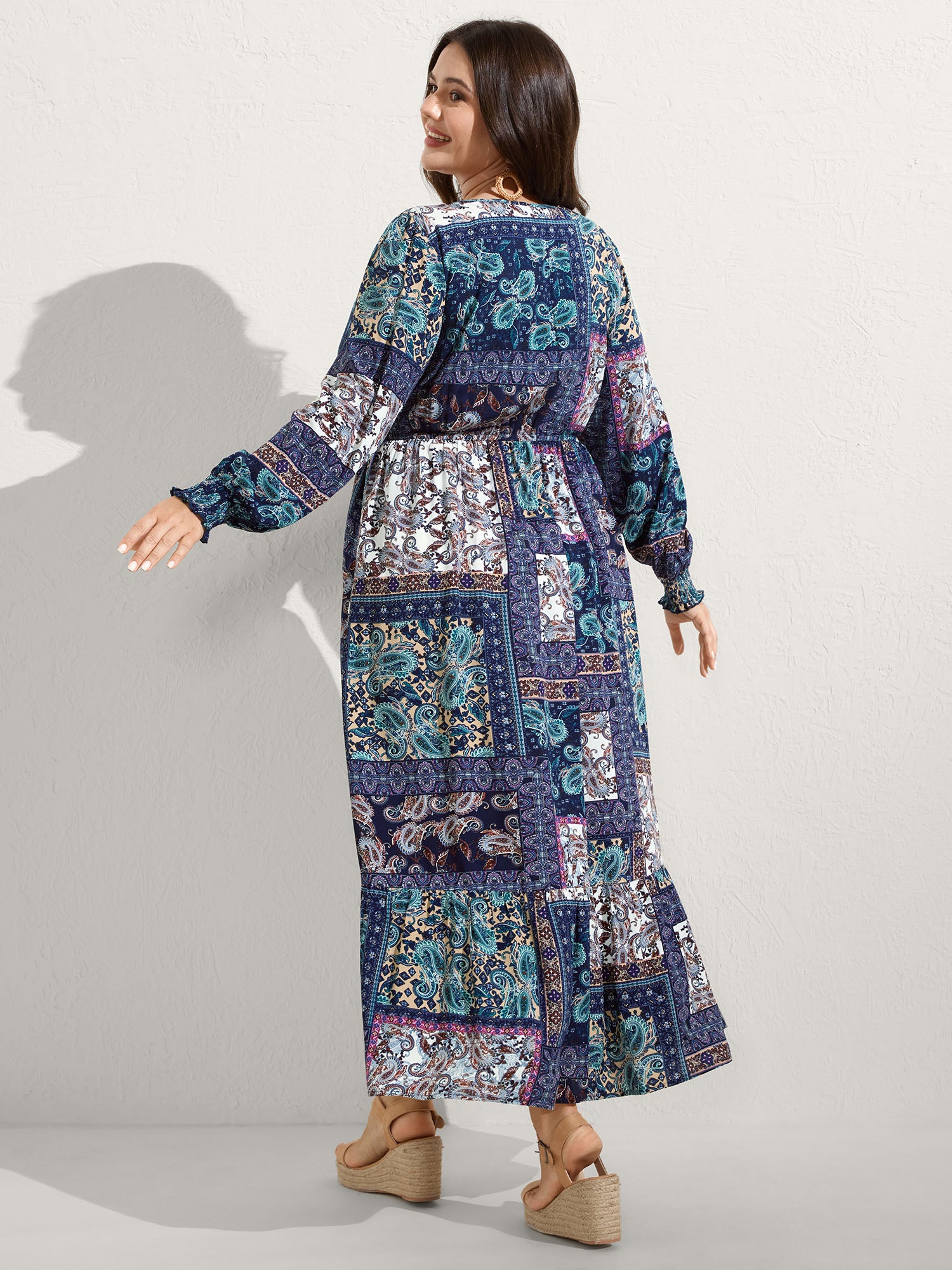 Rayon Floral Collage Shirred Maxi Dress