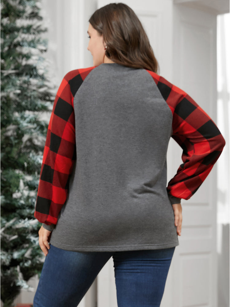 Letter Print Round Neck Plaid Long Tee