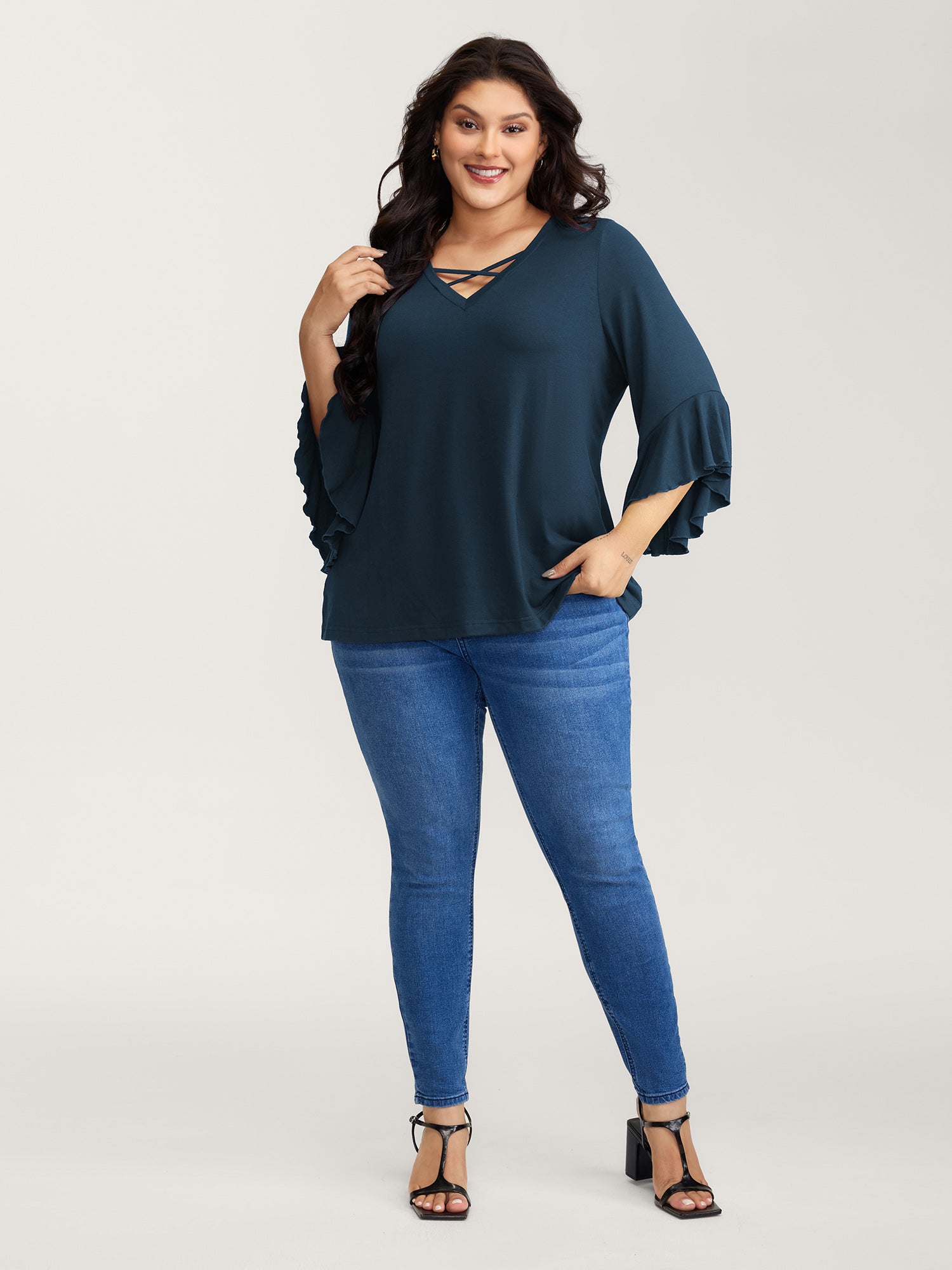 Supersoft Drawstring Neckline Ruffled Sleeve Knit Top