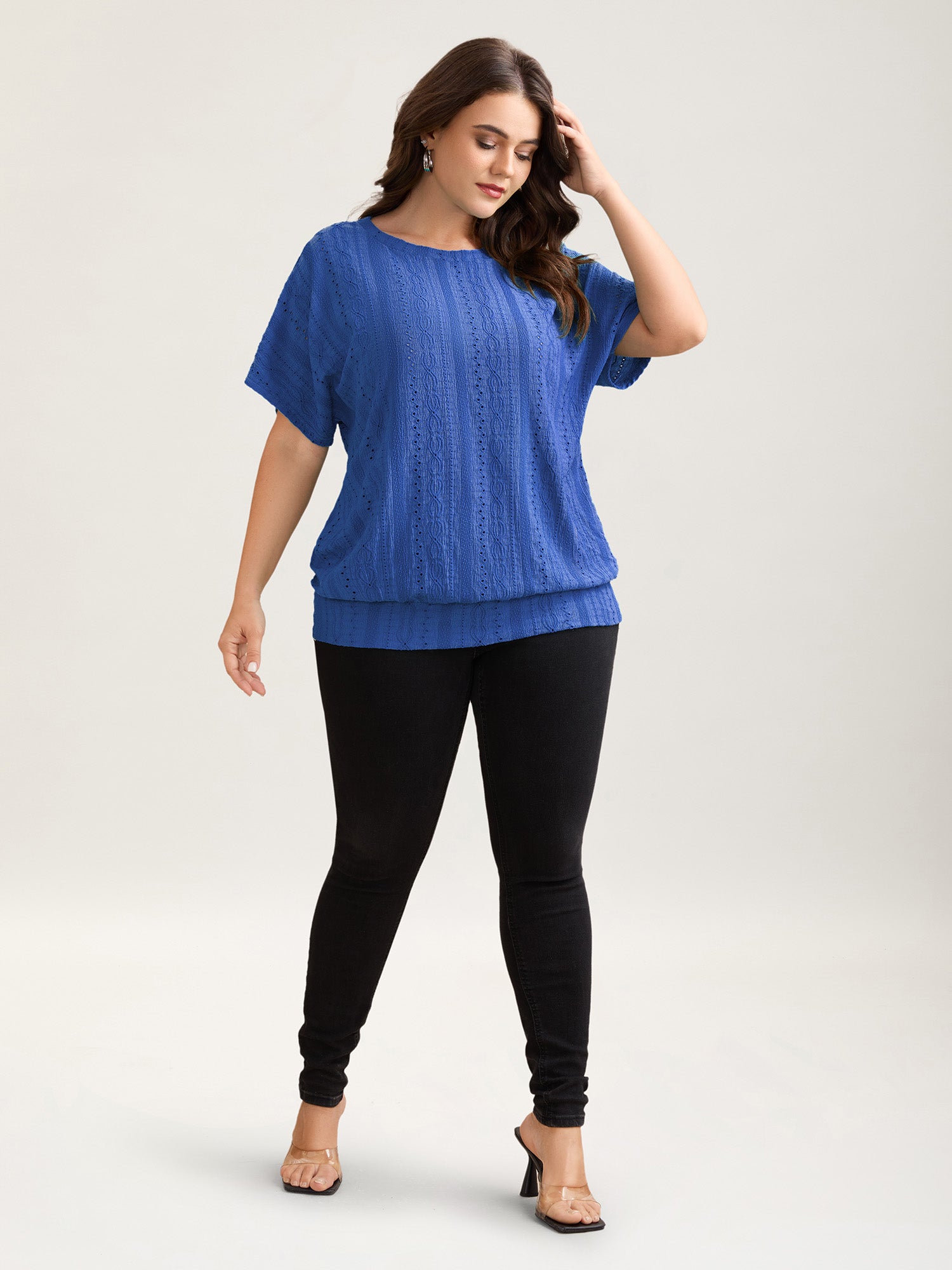 Eyelet Trim Stretchy Textured Plain Top