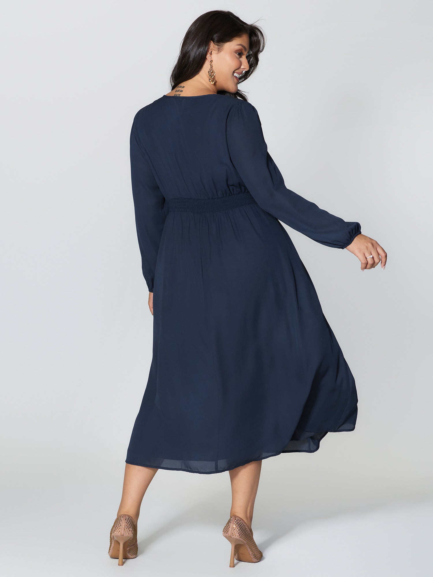 Gold Sequin Embroidery Sheer Shirred Midi Dress