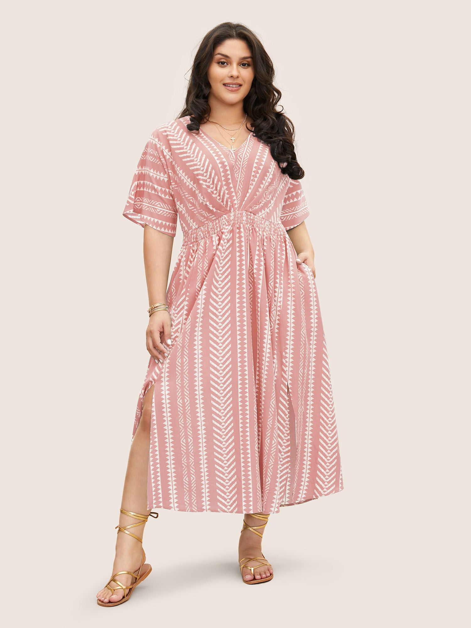 Solid Geometric Dolman Sleeve Pocket Shirred Split Hem Dress