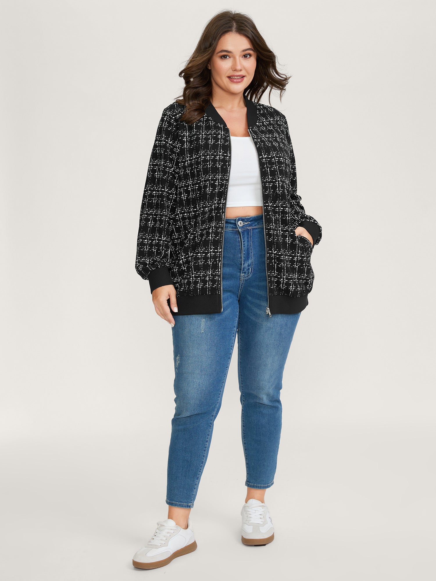 Tweed Color Contrast Zipper Jacket