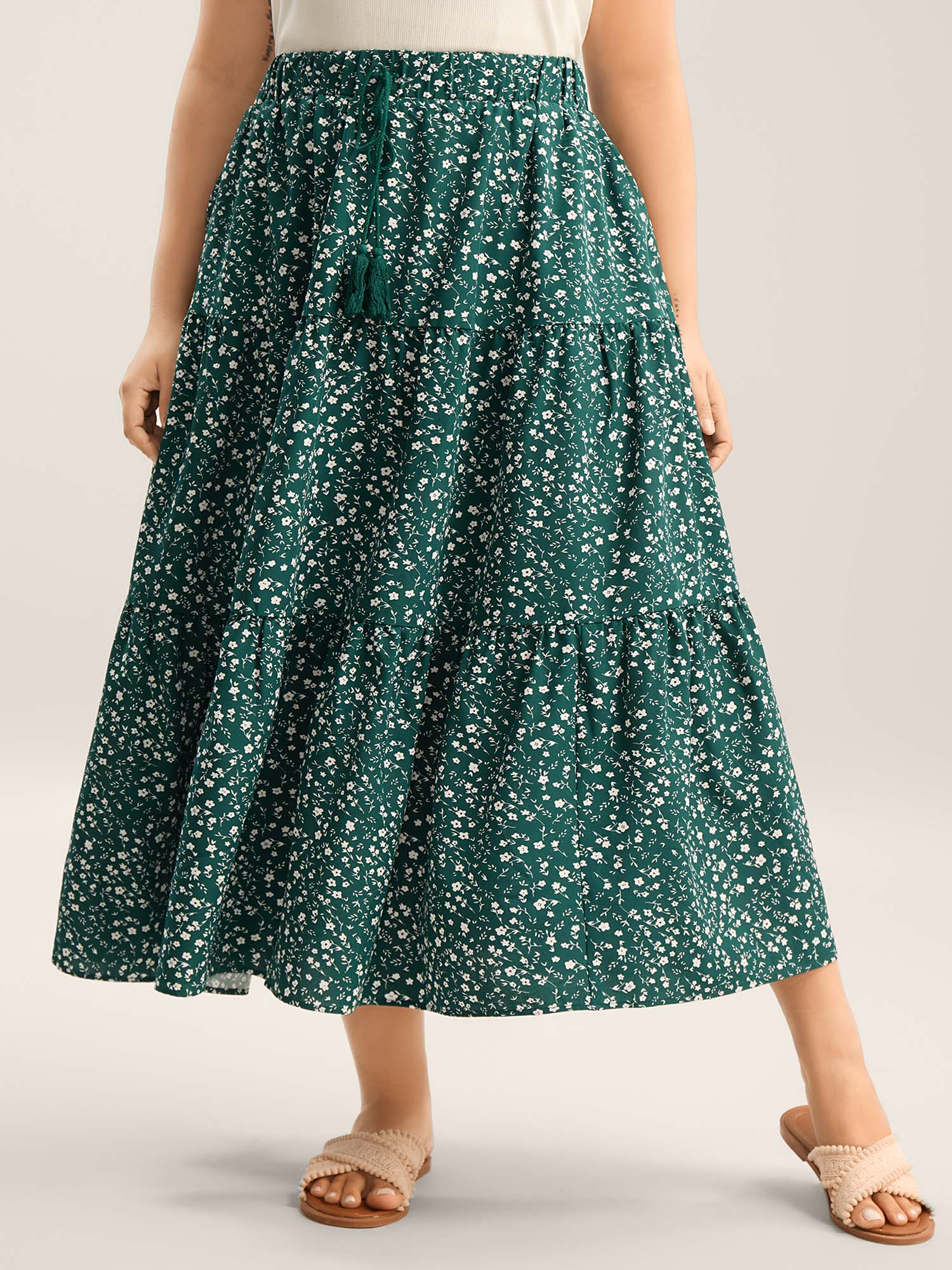 Ditsy Floral Print Tiered Tied Maxi Skirt