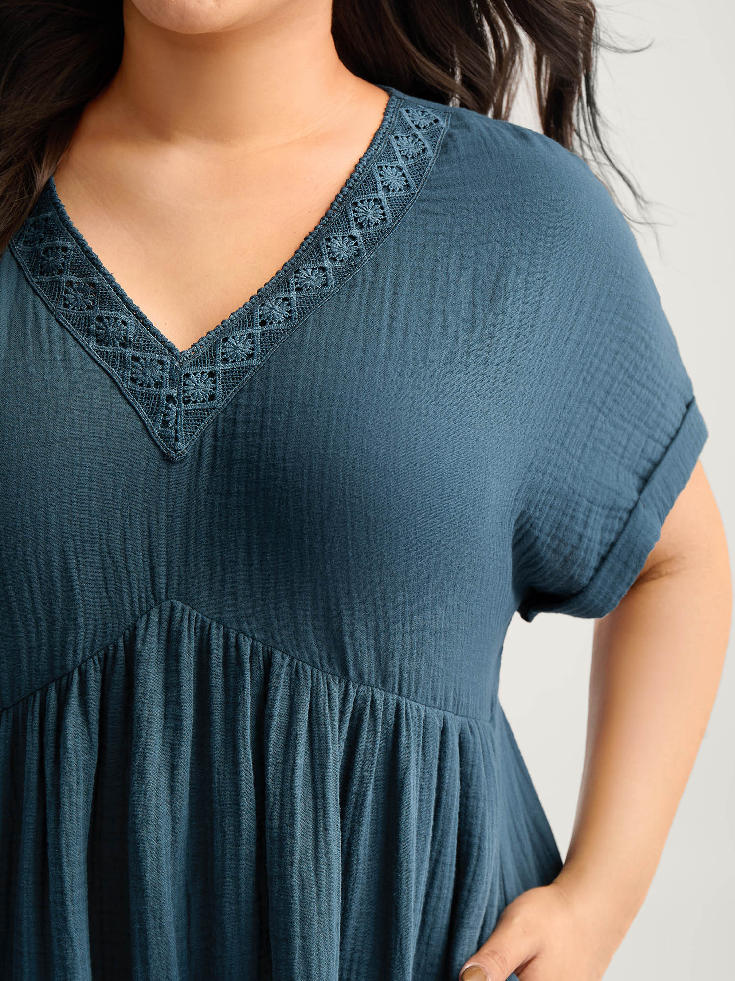 Pure Cotton Lace V-Neck Solid Midi Dress