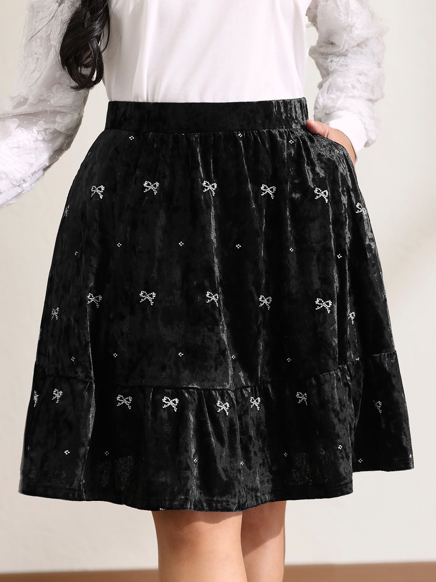 Velvet Bowknot Ruffled Mini Skirt