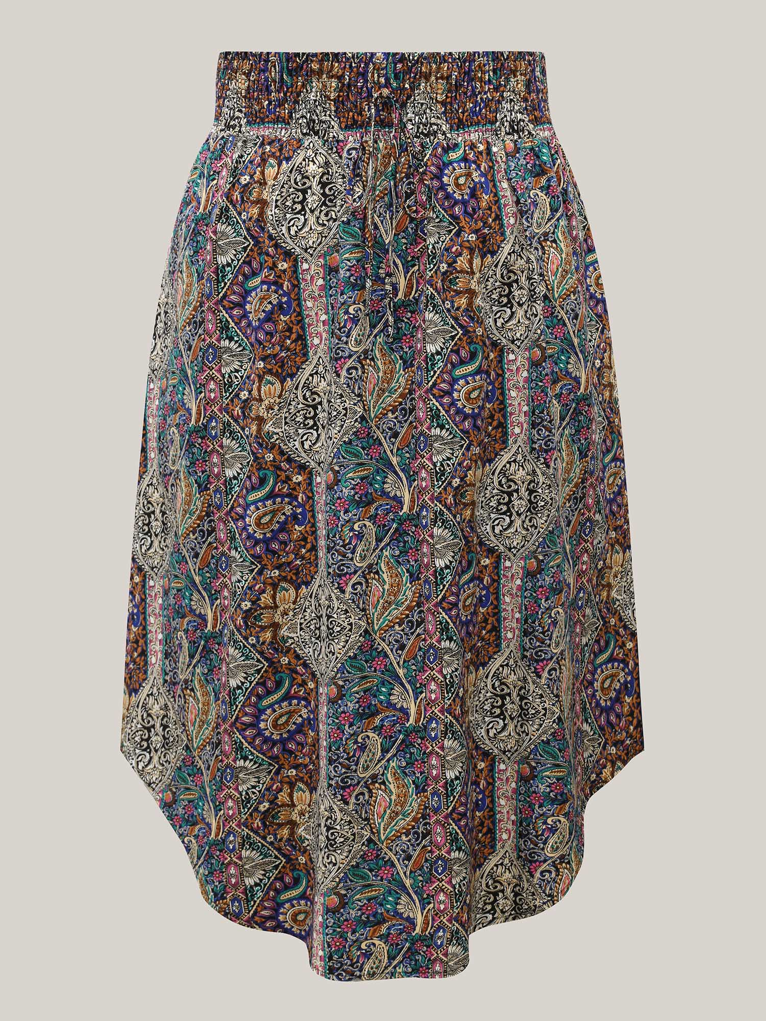 Boho Print Shirred Waist Midi Skirt