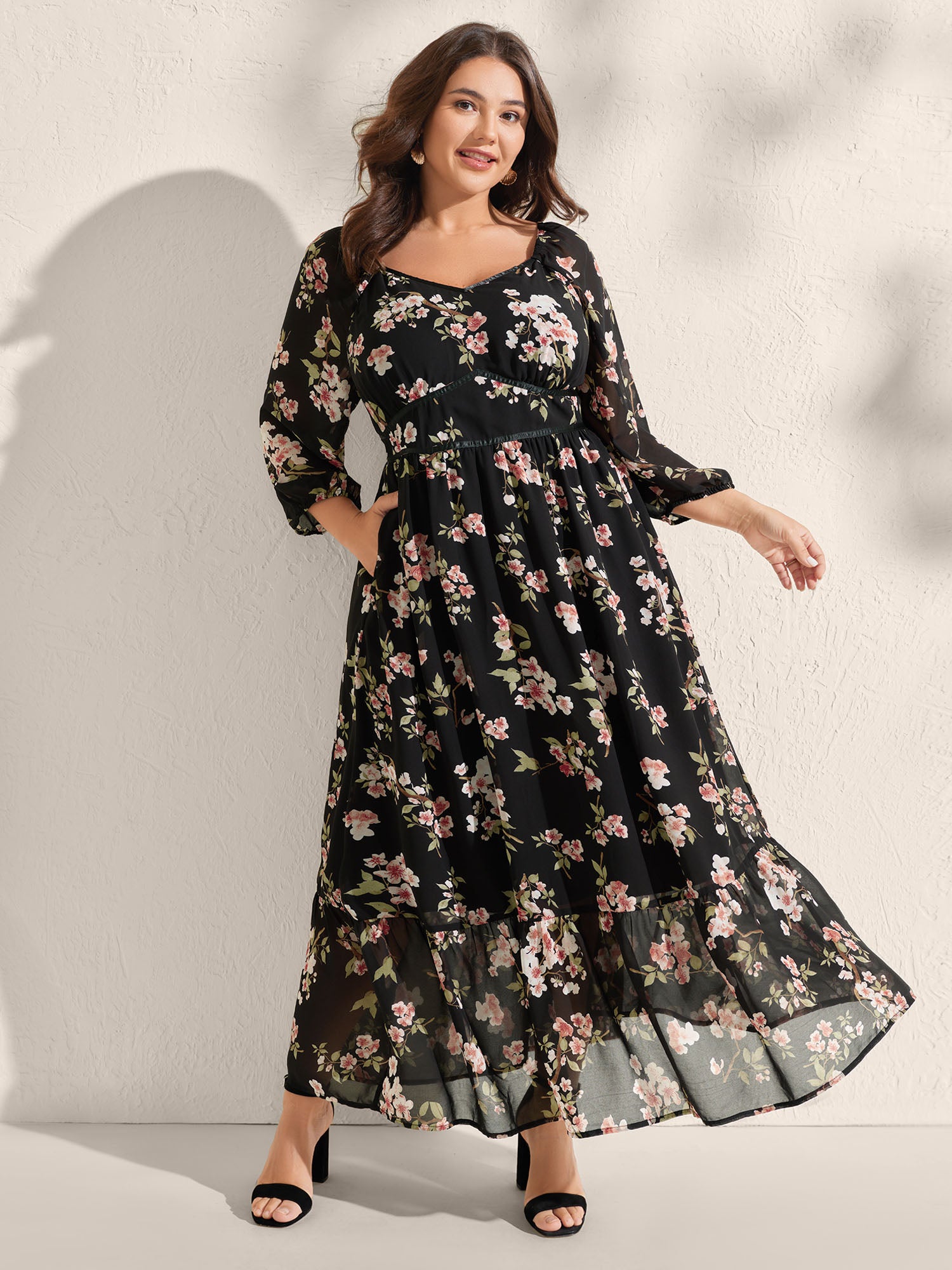 Chiffon Floral Triangular Waist Cinched Maxi Dress