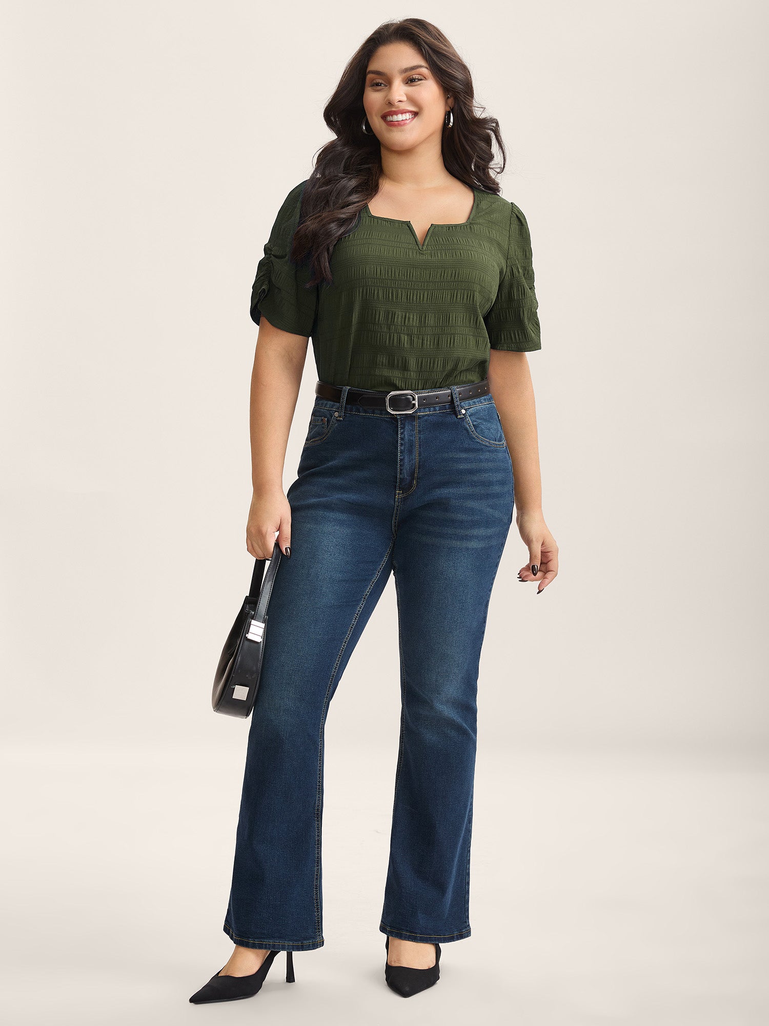 Textured Gathered Sleeve Split Neck Blouse