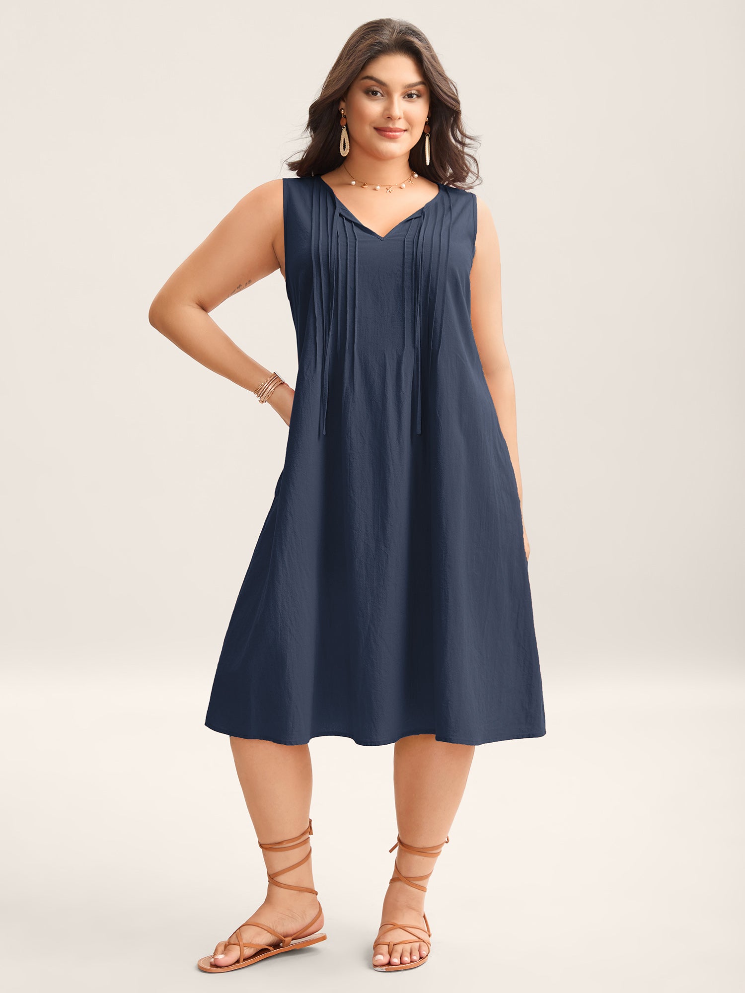 Cotton Toothpick Pleat Plain Midi Dress