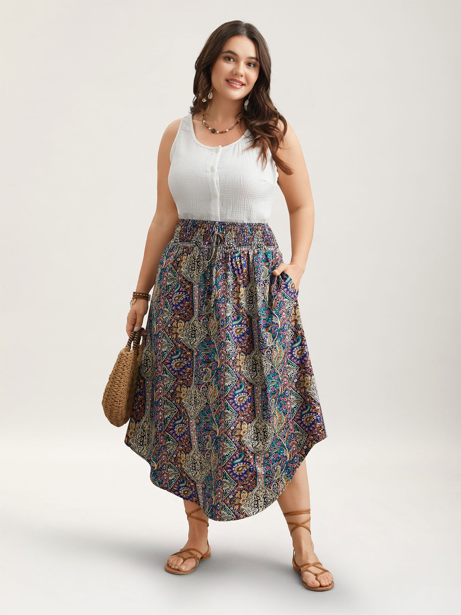 Boho Print Shirred Waist Midi Skirt