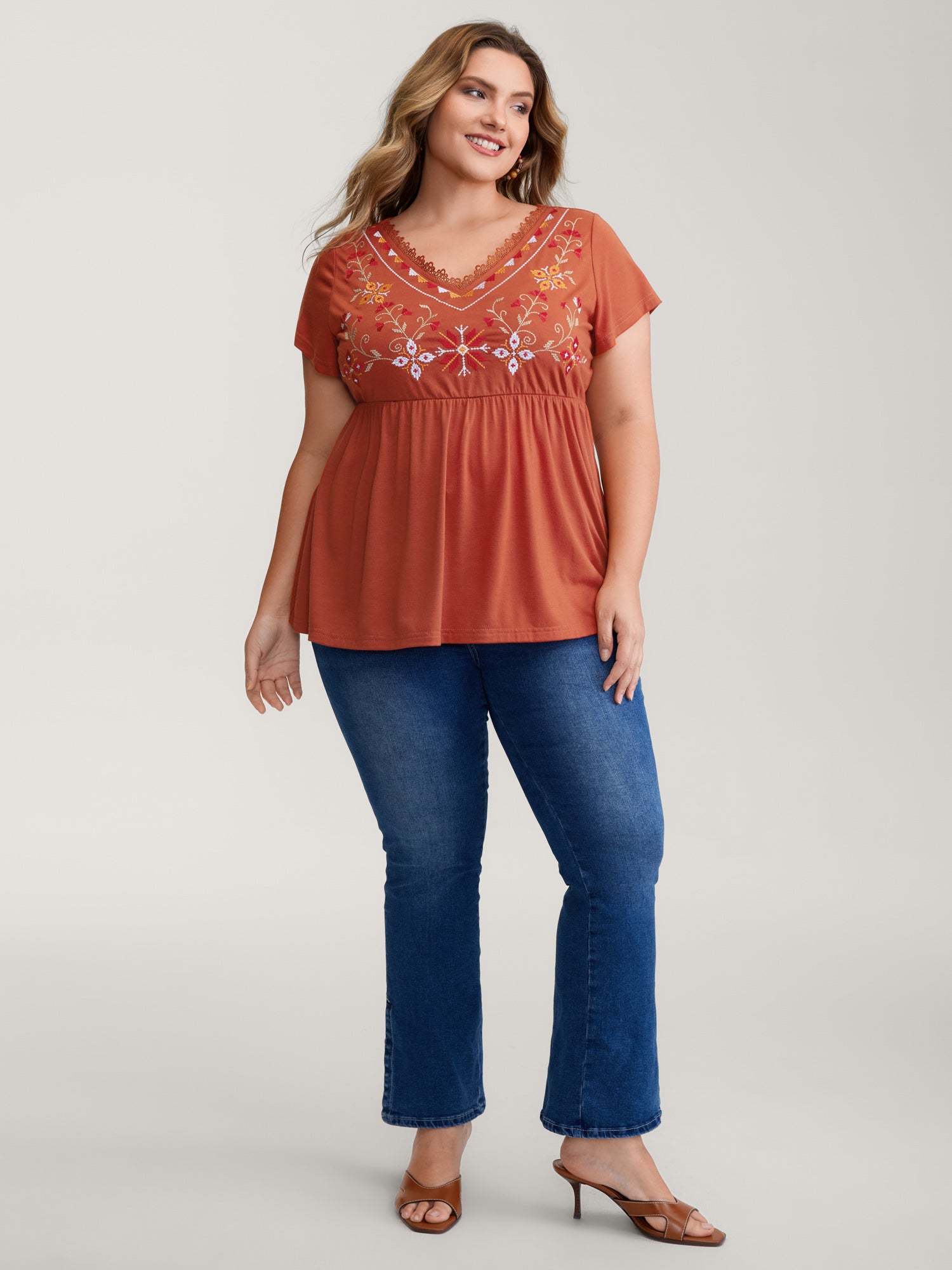 Color Floral Embroidery Lace Knit Top