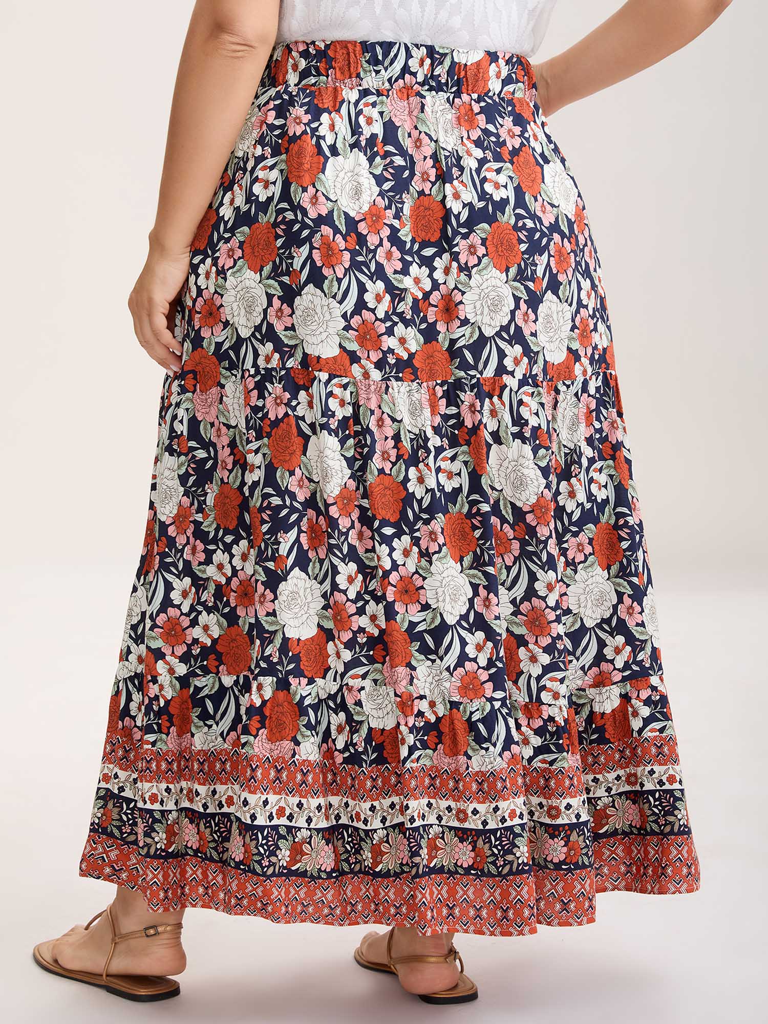 Rayon Breezy Floral Print Tiered Back Maxi Skirt