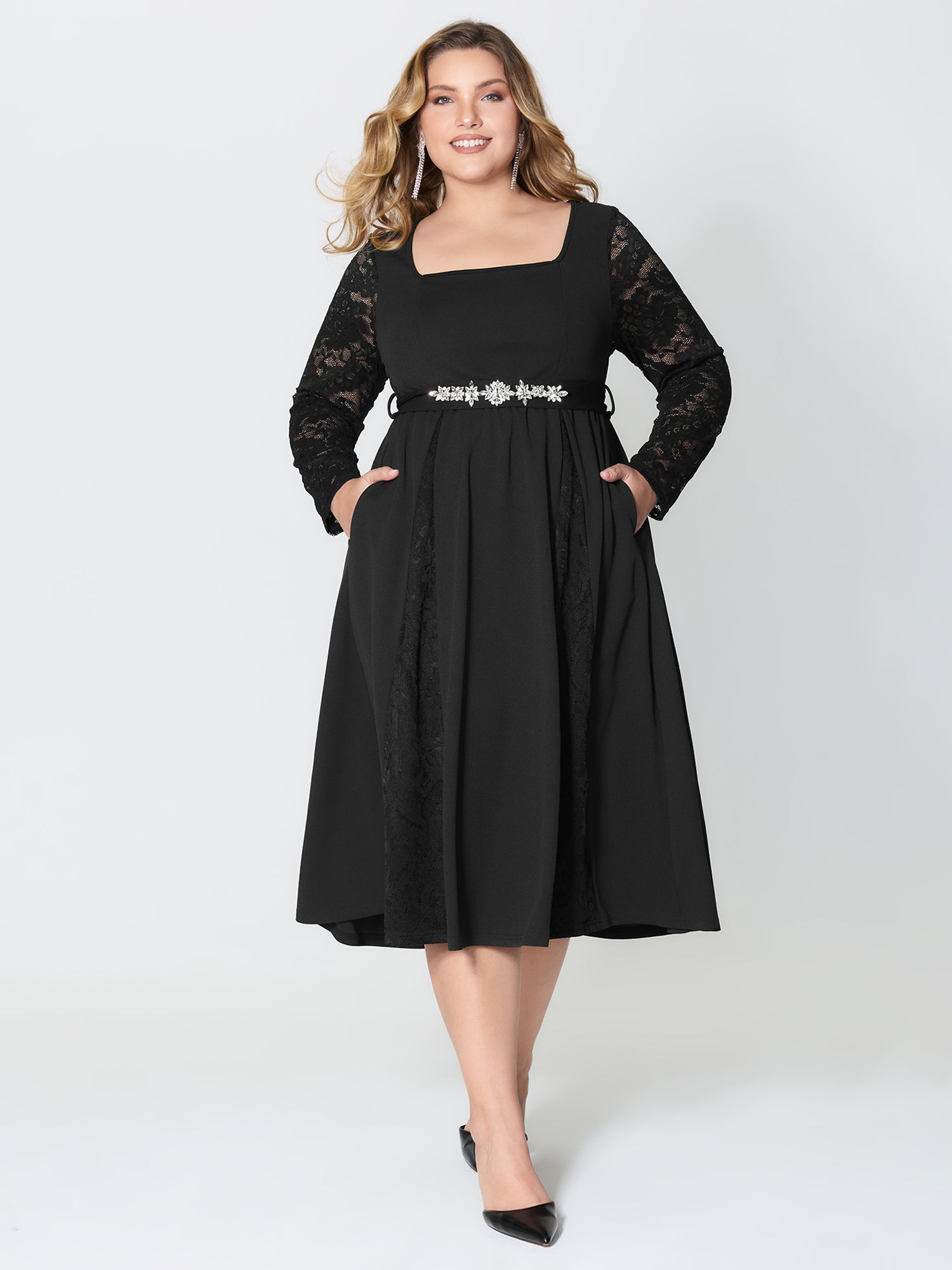 Hotfix Rhinestones Lace Trim Midi Dress