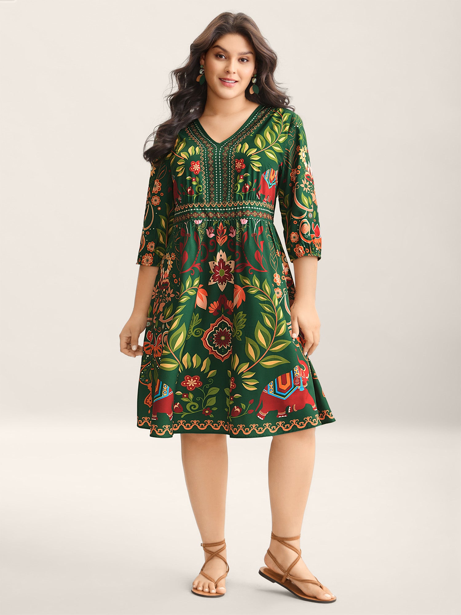 Boho Print V-Neck Pockets Midi Dress