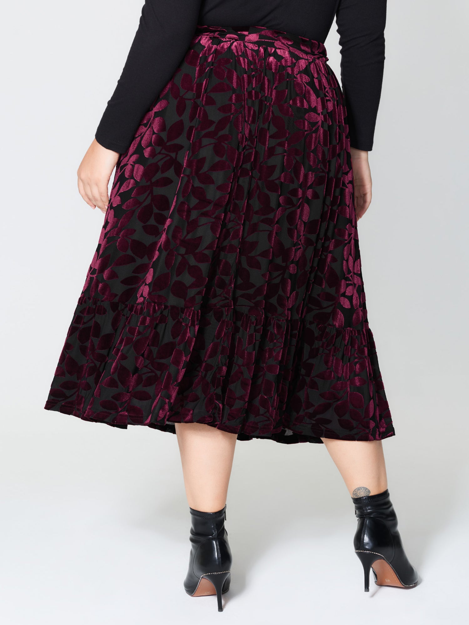 Laser-Cut Velvet Pleated Maxi Skirt