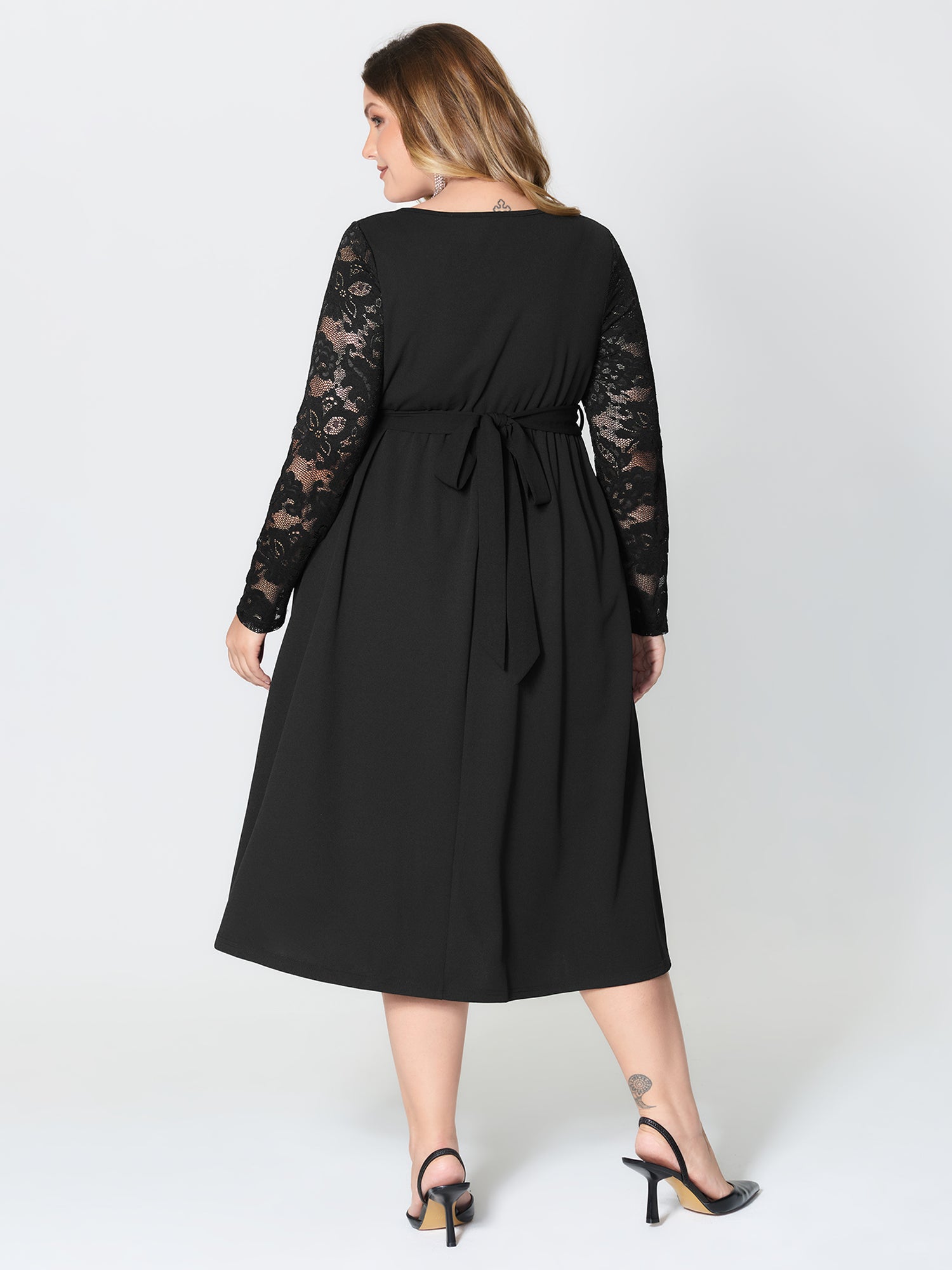 Hotfix Rhinestones Lace Trim Midi Dress