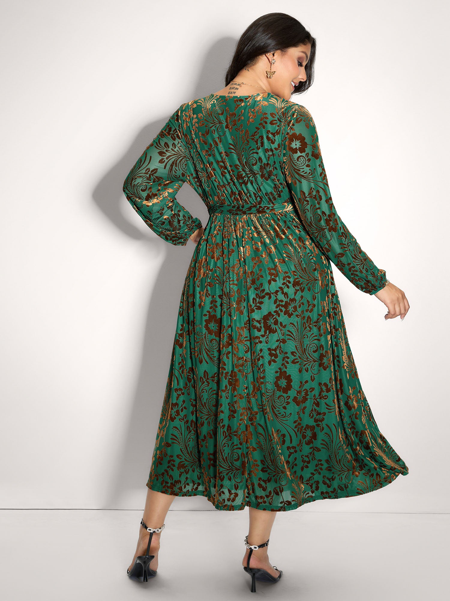 Laser-Cut Velvet Waist-Tie Midi Dress