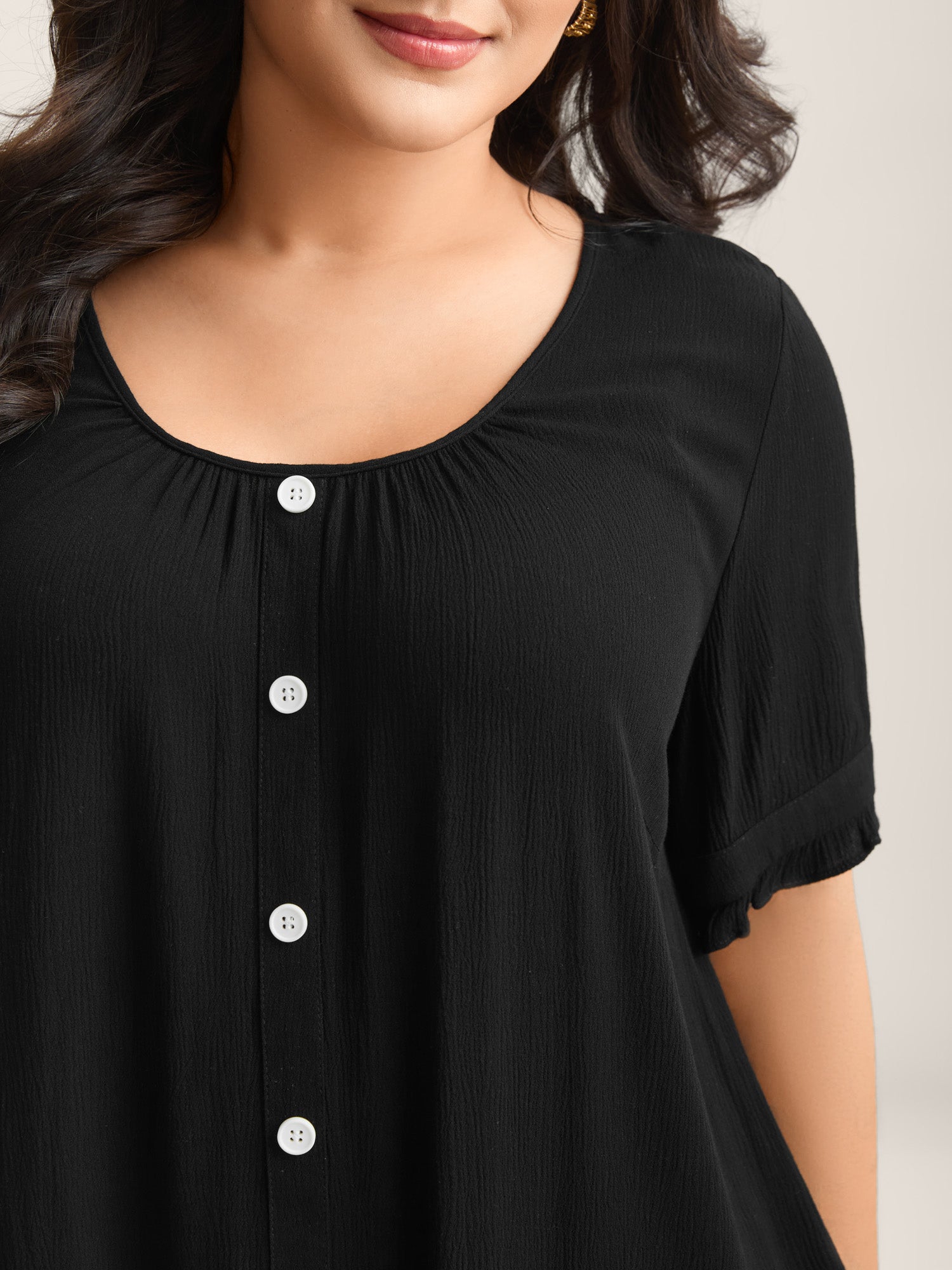 Textured Button Detail Pleated Solid Top