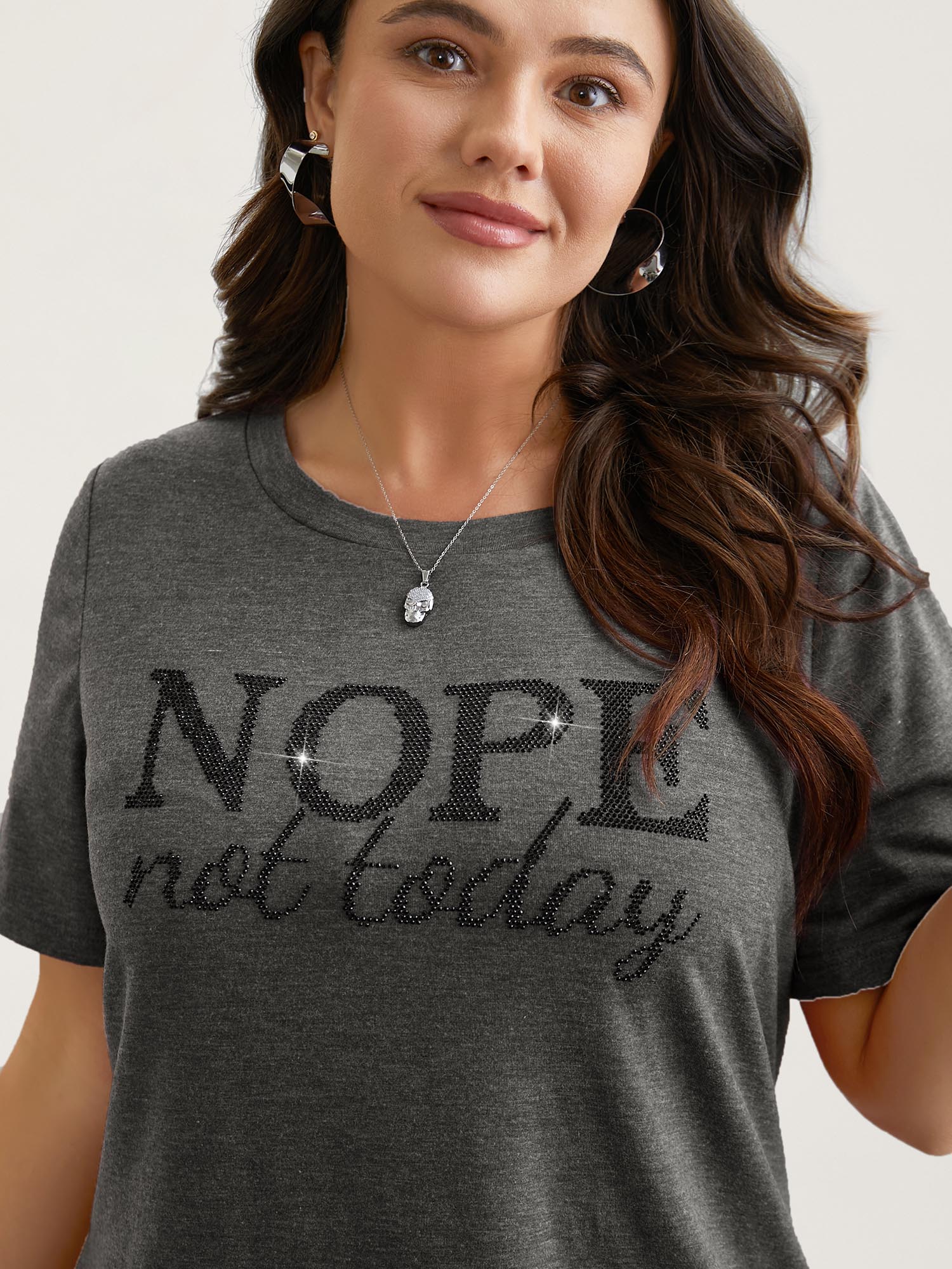 Nope Not Today Print Rhinestone Round Neck T-Shirt