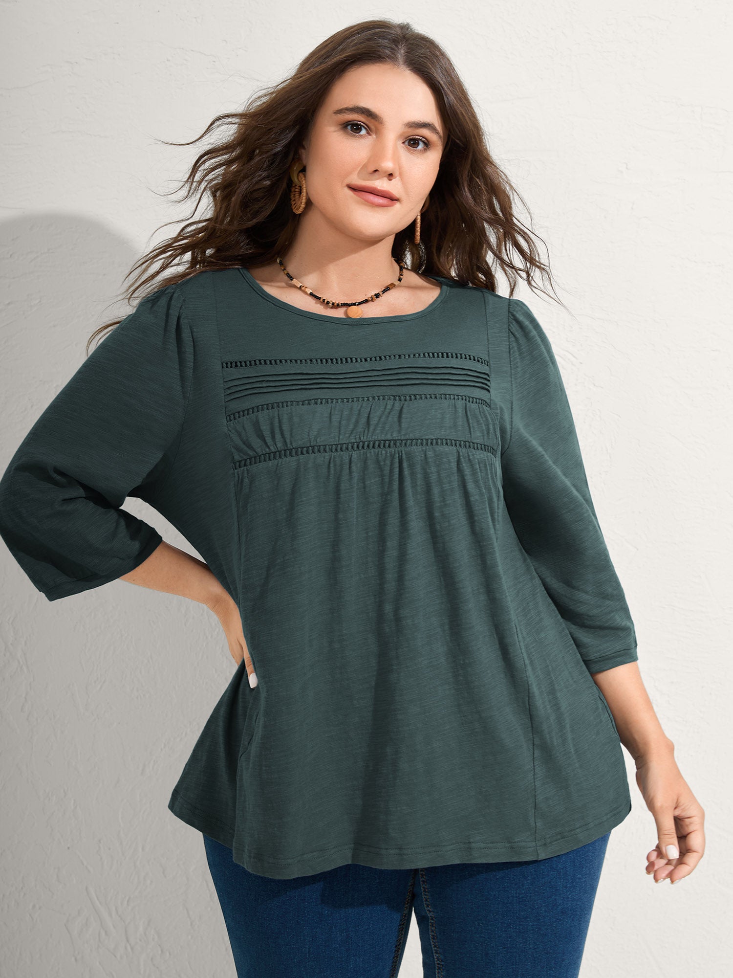 Cotton Lace Spliced Plain Knit Top