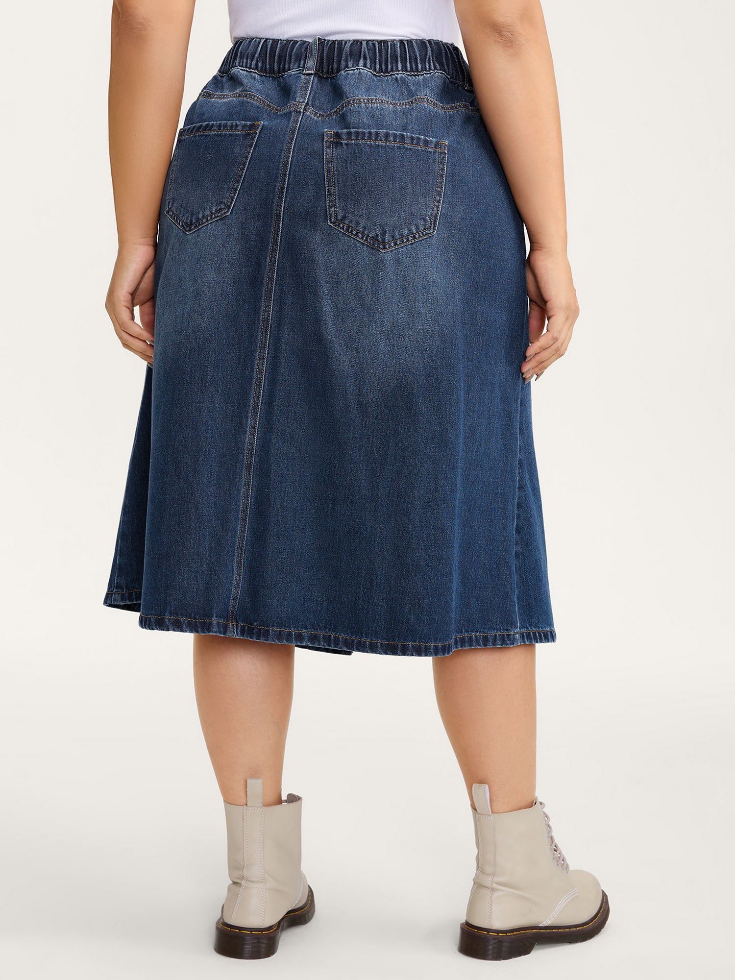 Drawstring Front Slit Stretchy Waist Midi Denim Skirt