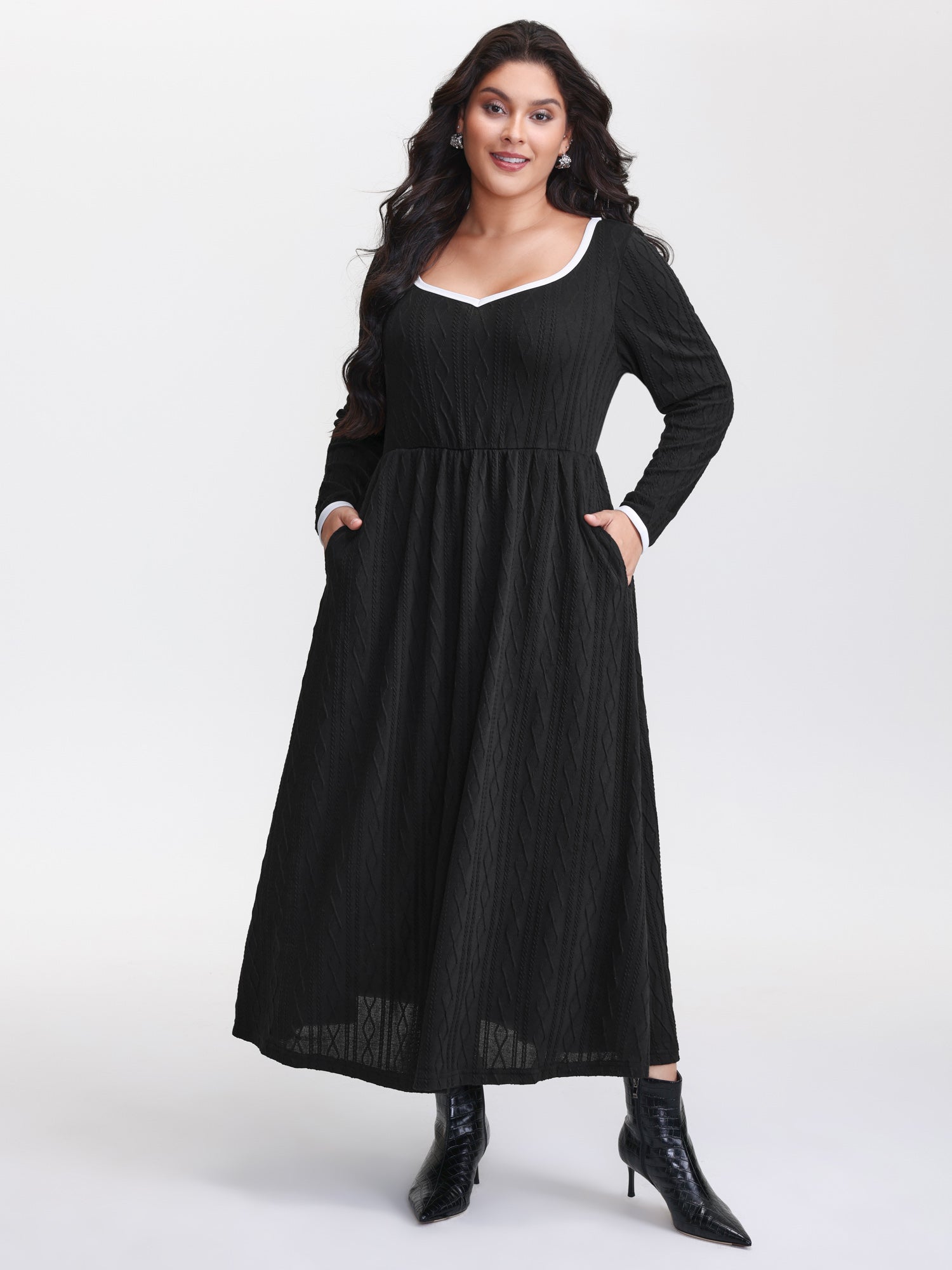 Color Contrast Pockets Knit Maxi Dress