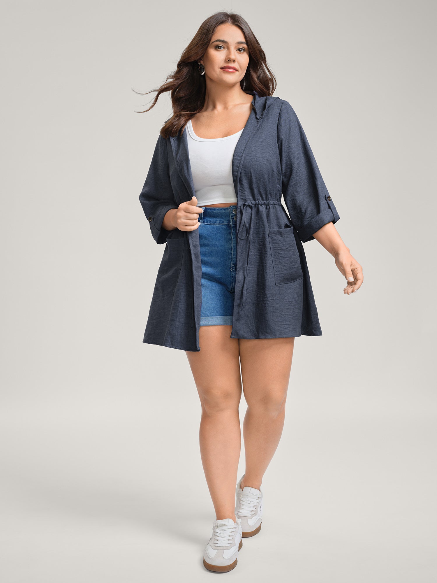 Adjustable Waist-Tie Pockets Hooded Jacket