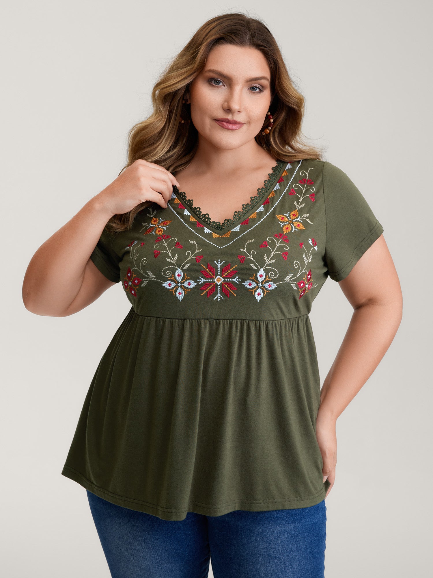 Color Floral Embroidery Lace Knit Top