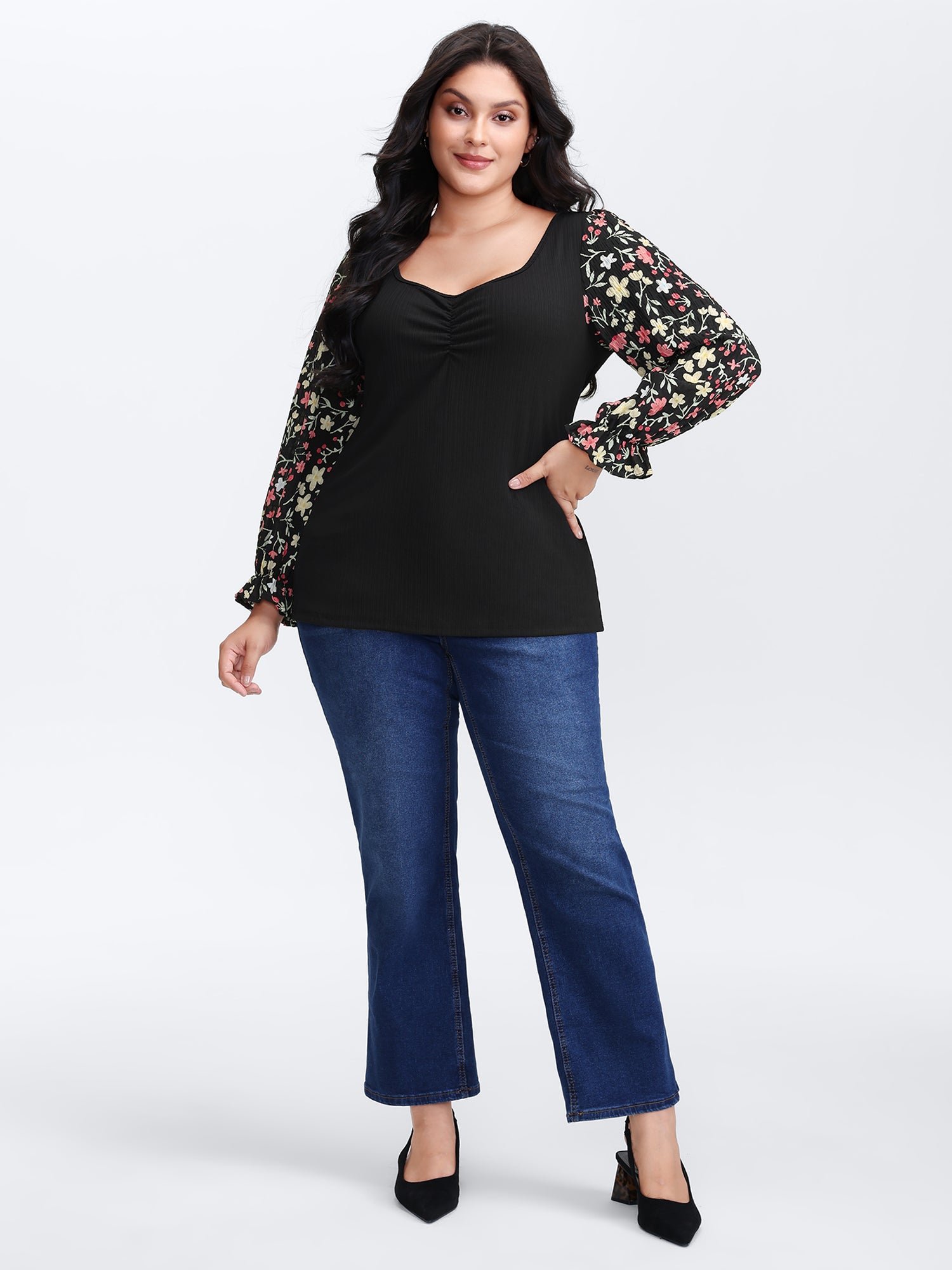 Textured Spliced Floral Sleeves Top