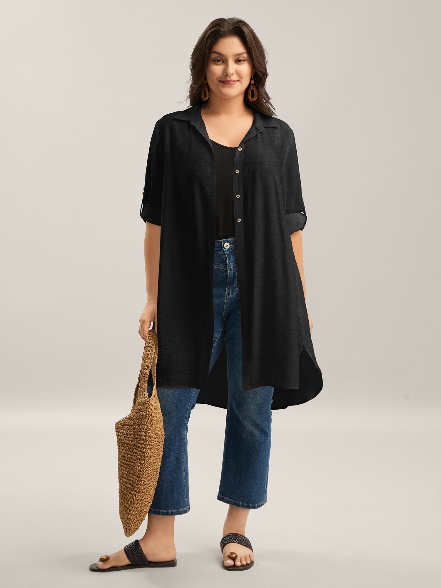 Front-Open Long Basic Blouse