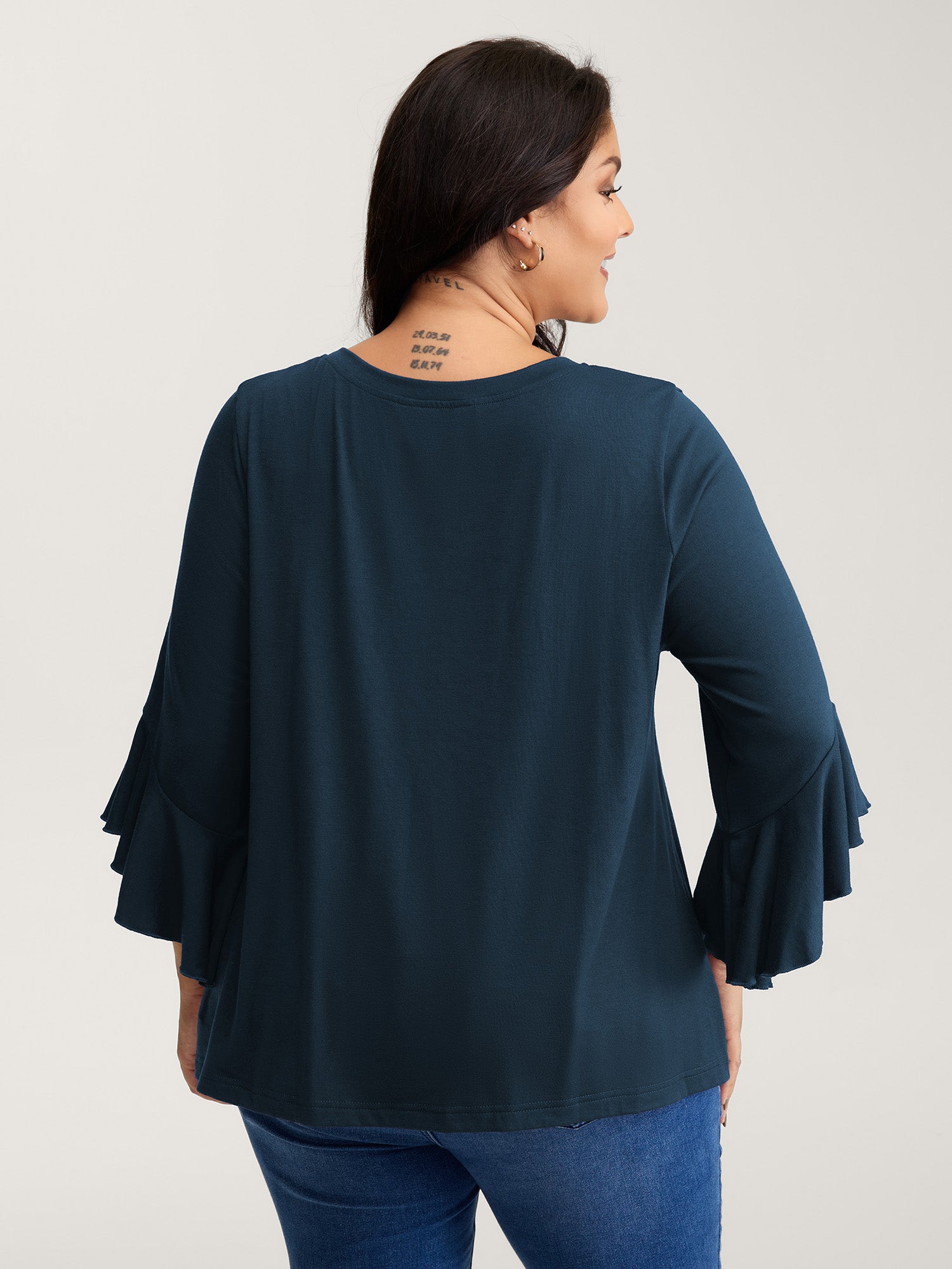 Supersoft Drawstring Neckline Ruffled Sleeve Knit Top