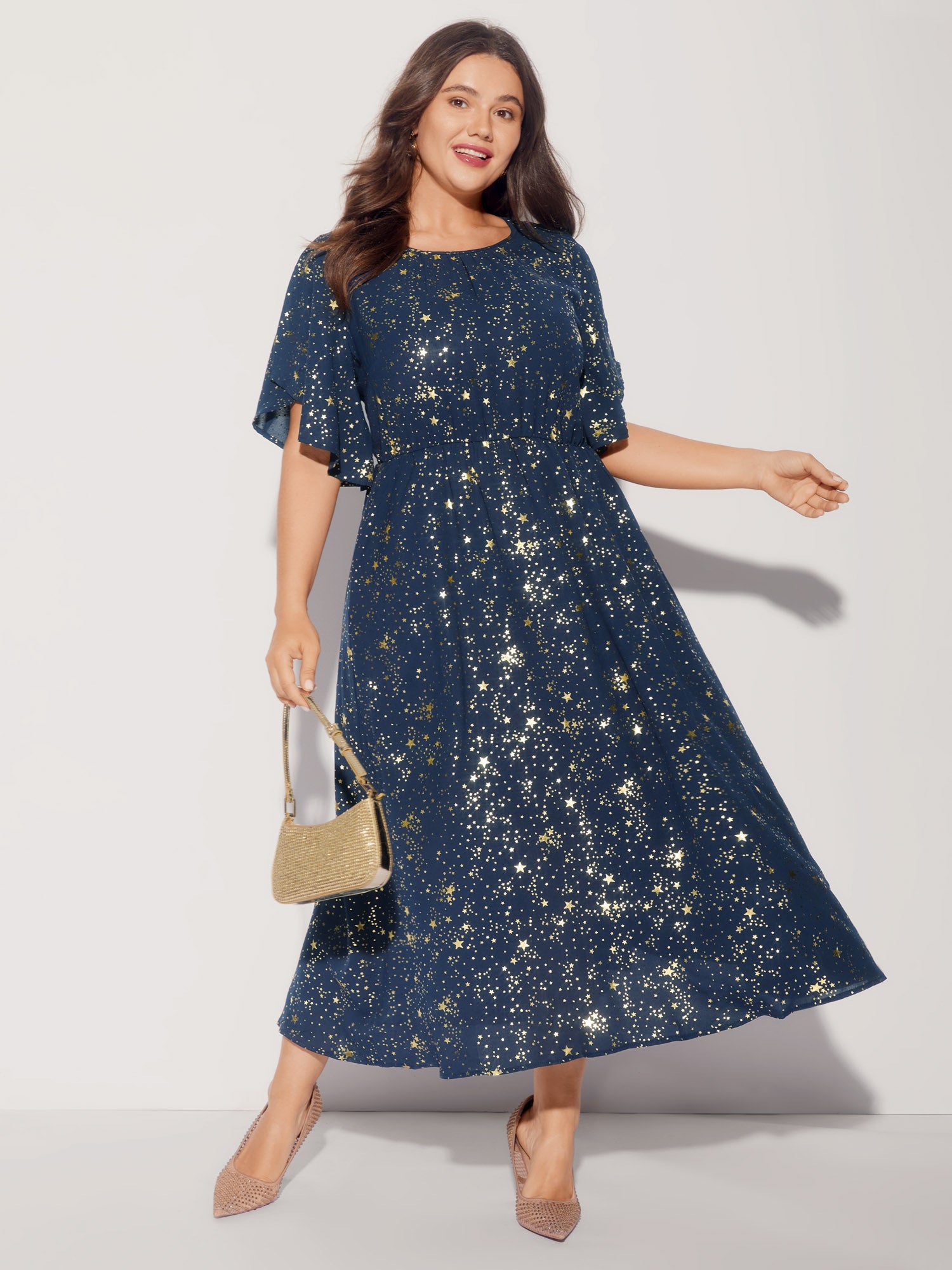 Glitter Star Split Sleeve Midi Dress