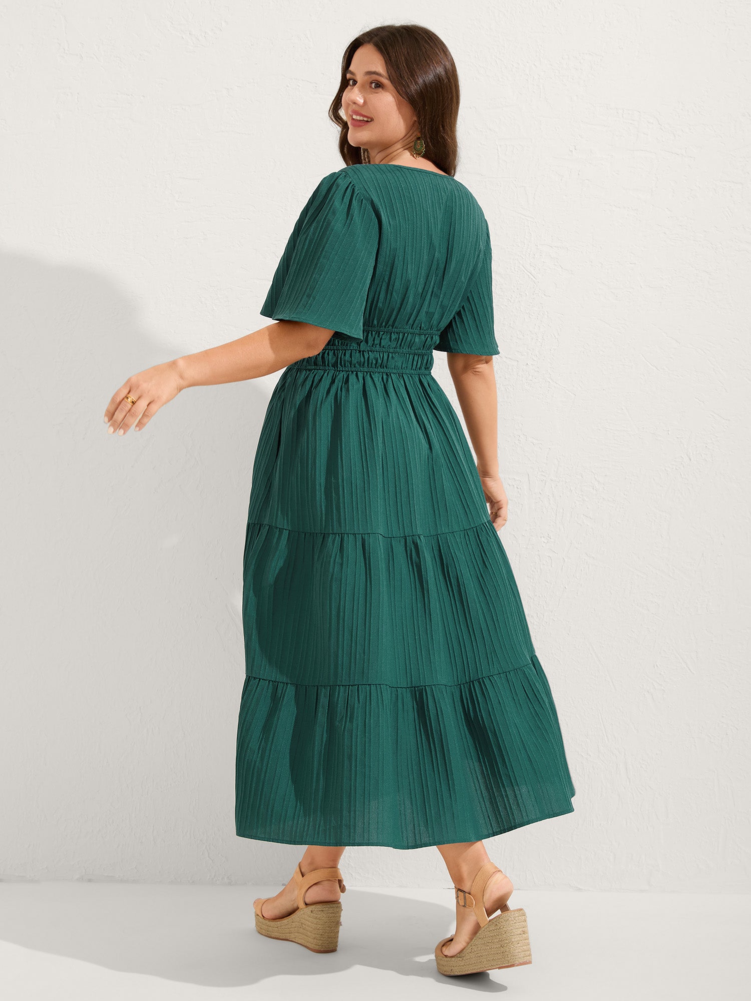 Textured Shirred Cinched Waist Midi Dress