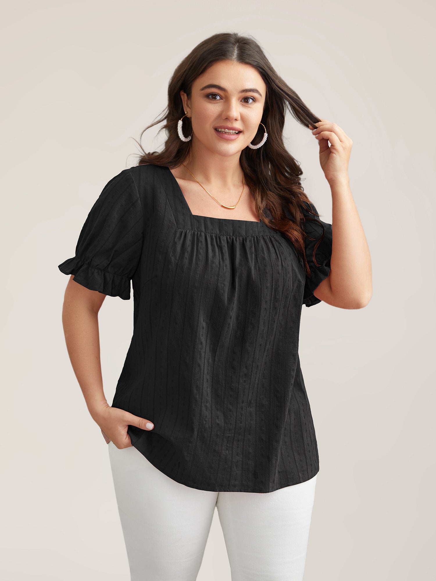 Cotton Square Neck Ruffled Sleeve Shirt