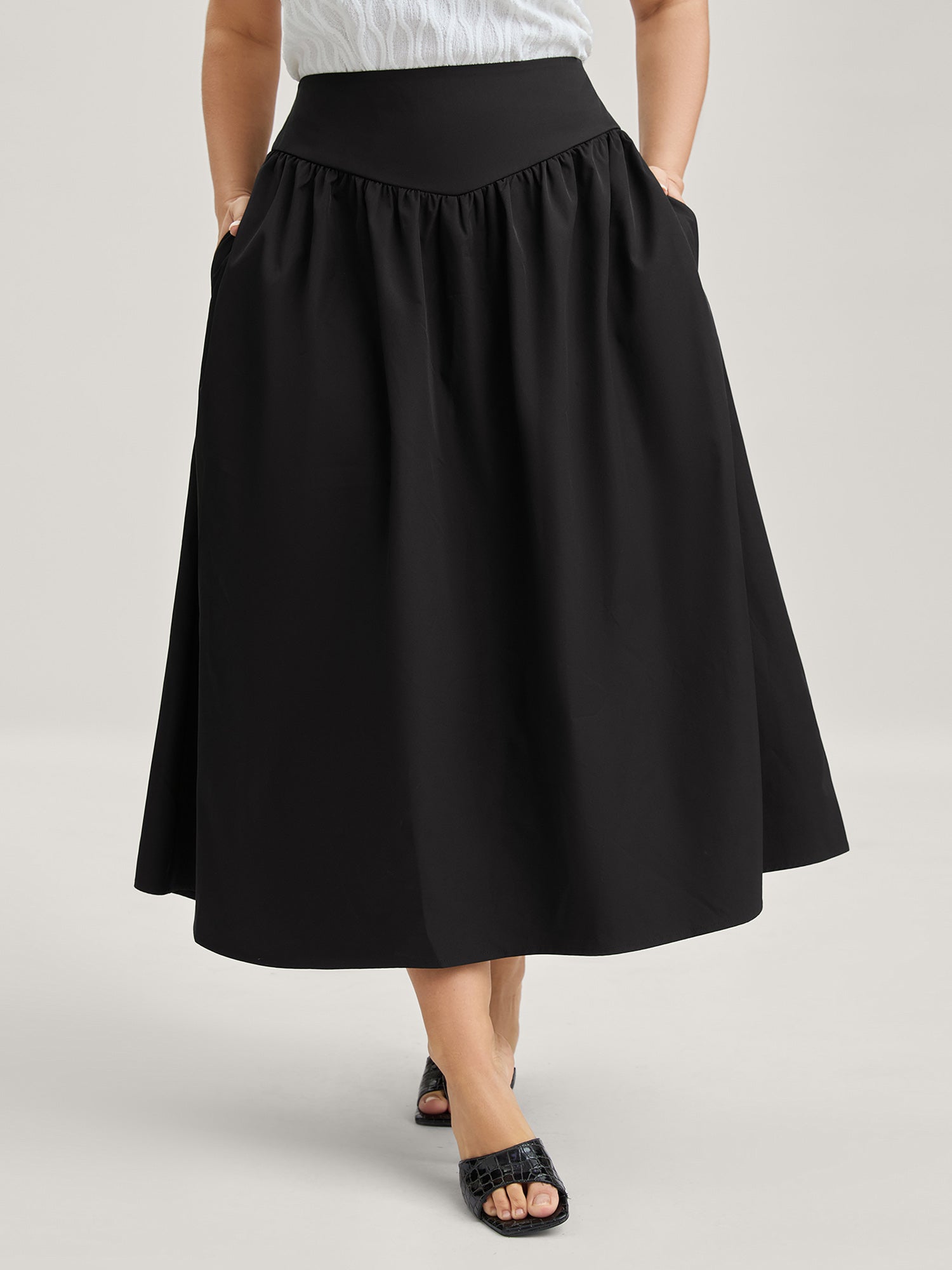 Wide Cinched-Waist Solid Midi Skirt