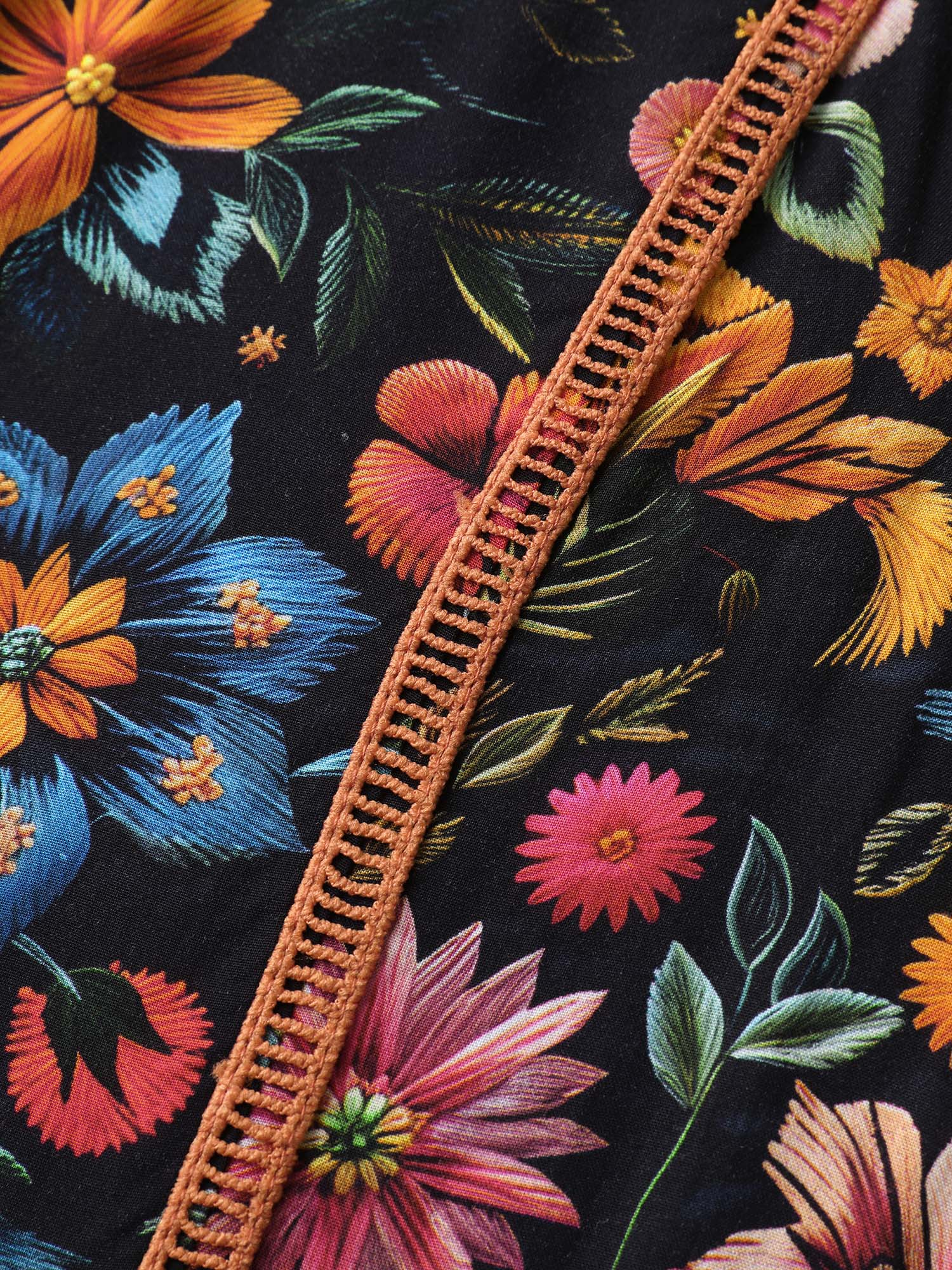 Rayon Floral Lace Trim Button Maxi Dress