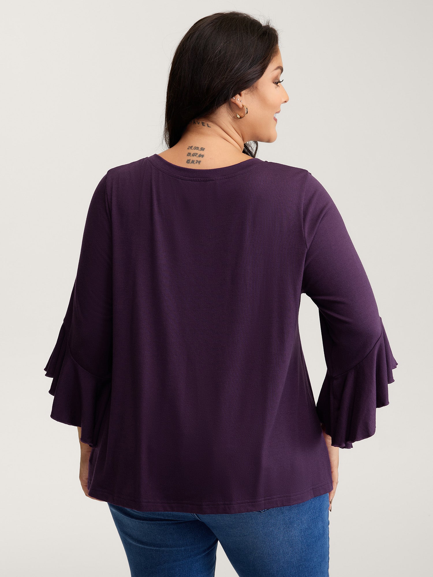 Supersoft Drawstring Neckline Ruffled Sleeve Knit Top
