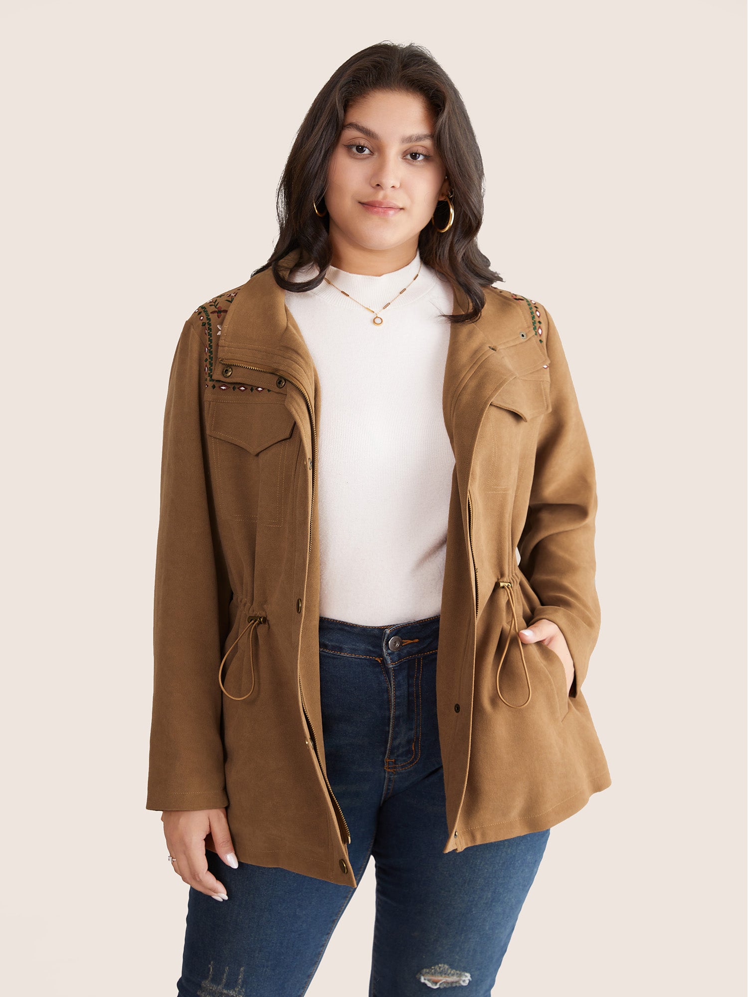 Ditsy Floral Embroidered Drawstring Pocket Jacket